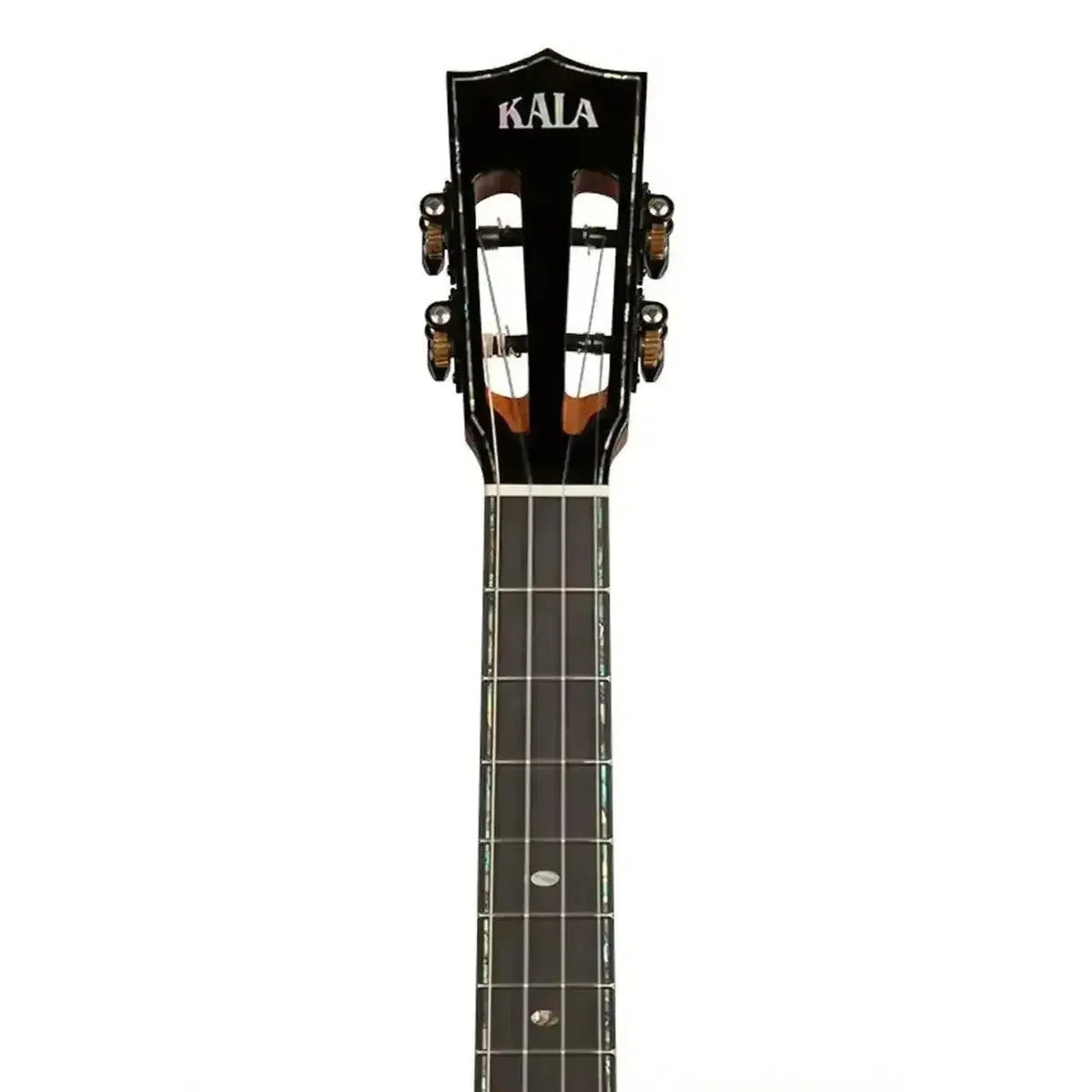 Kala Contour Deluxe Baritone Ukulele headstock with black finish, slotted tuners, and ebony fretboard.