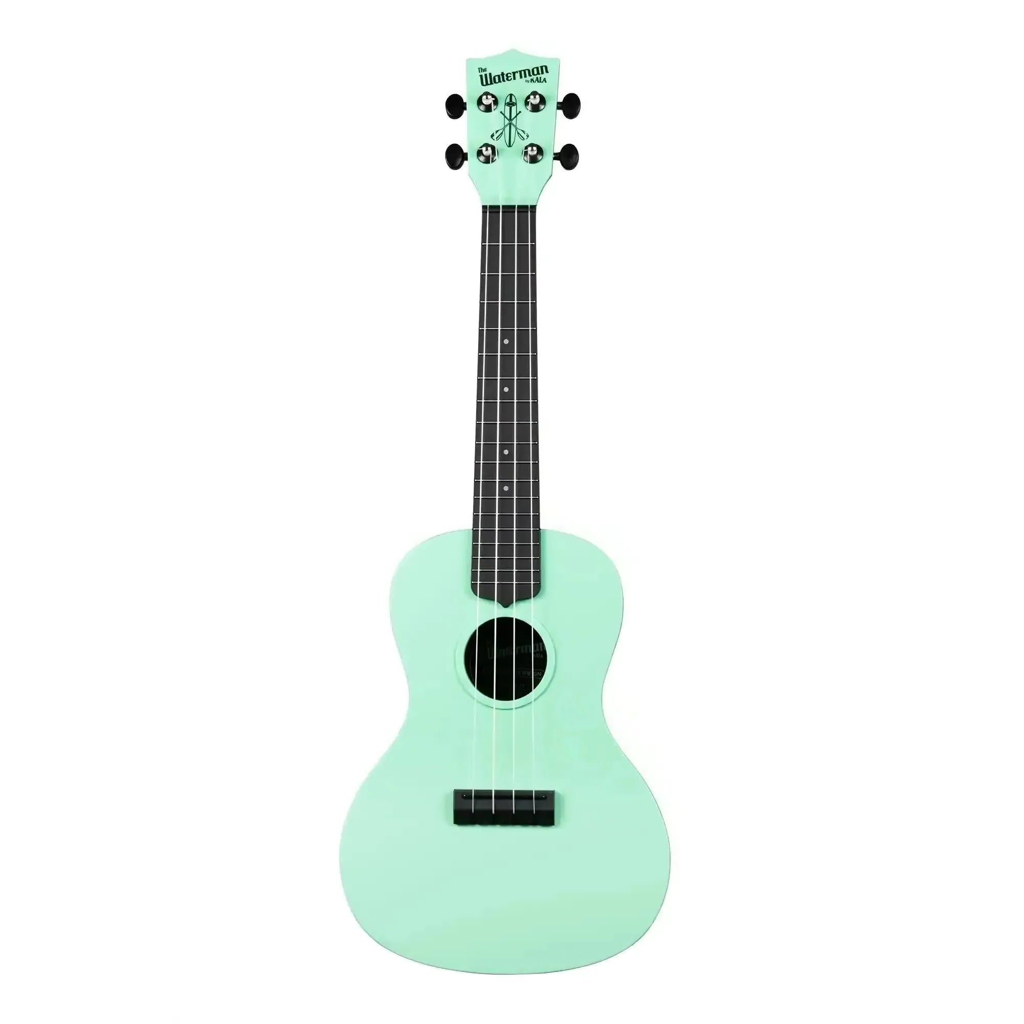 Kala Waterman Sea Foam Green Concert Ukulele, ABS Composite, with black fretboard and tuning pegs.