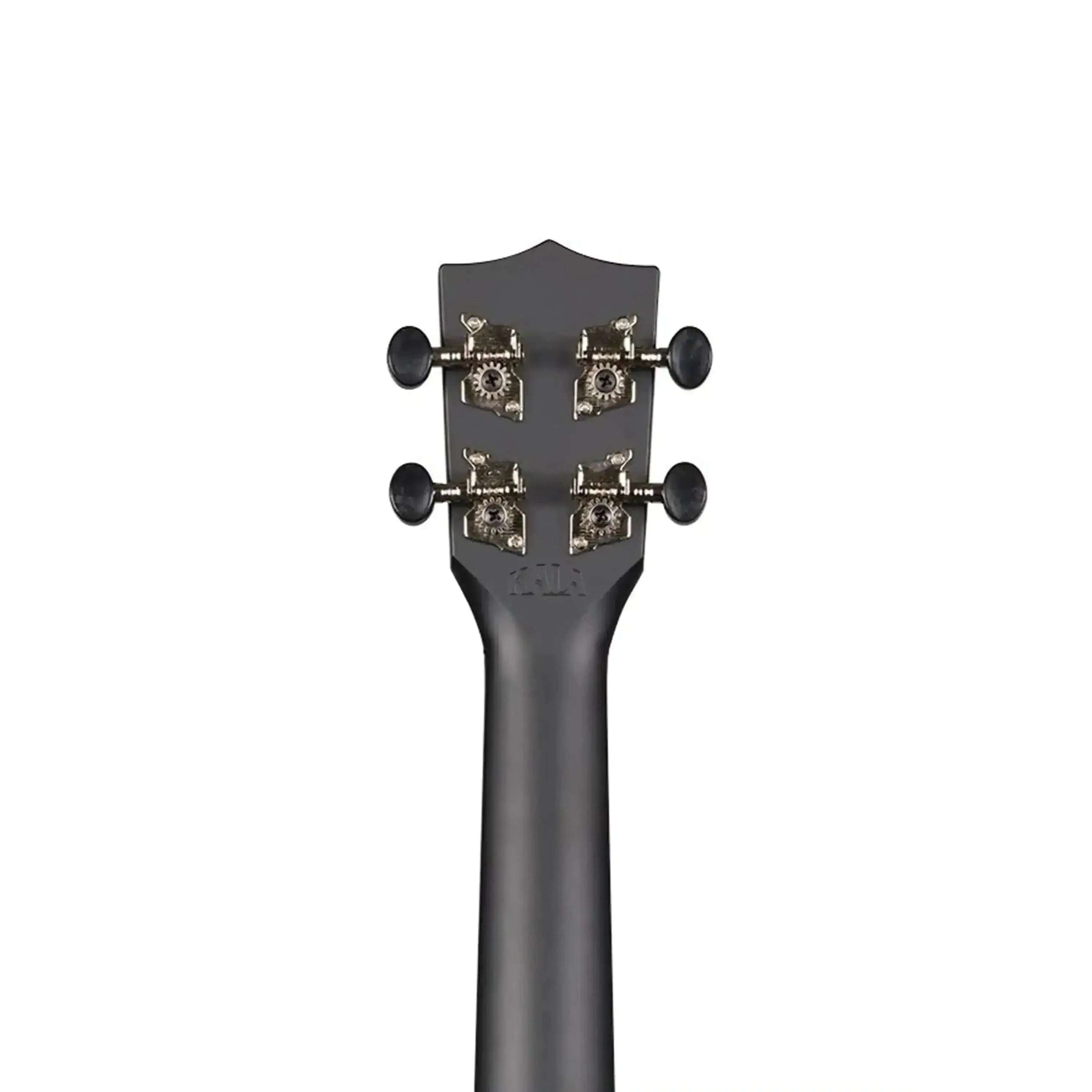 Back of Kala Waterman concert ukulele headstock and neck, dark gray ABS composite with black tuners.