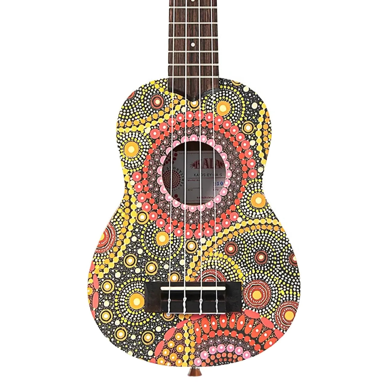 Kala Evelyn Young Desert Storylines soprano ukulele with colorful dot art design on basswood top.