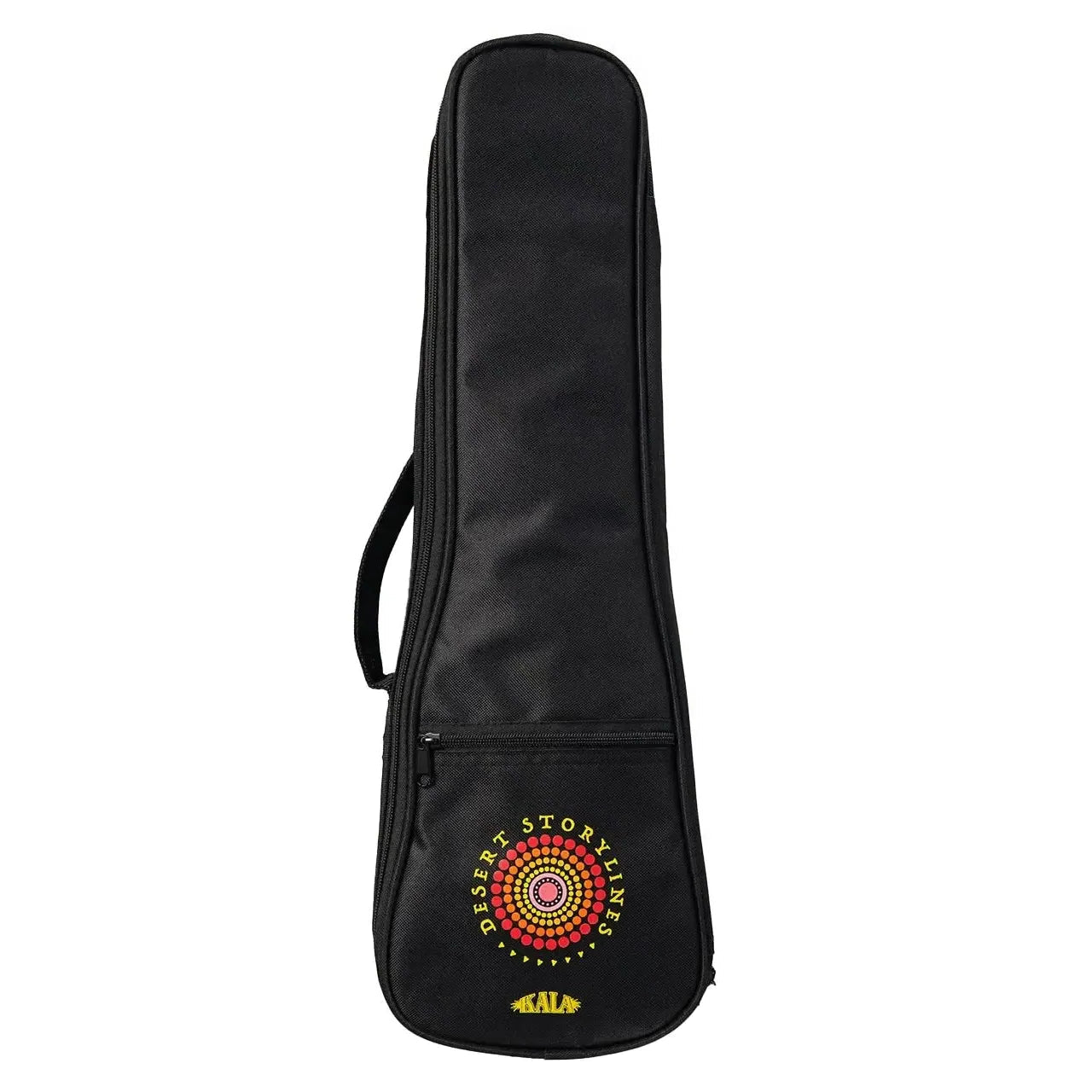 Black Kala ukulele gig bag with "Desert Storylines" logo in red, orange, and yellow.