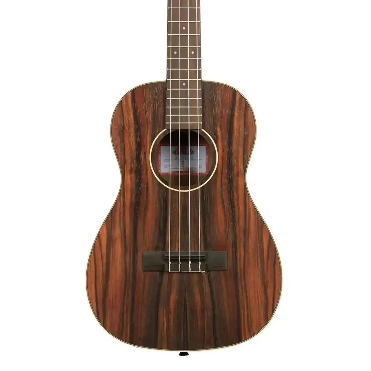 Kala Striped Ebony Baritone Ukulele with dark wood grain, rosewood fretboard, and white binding.
