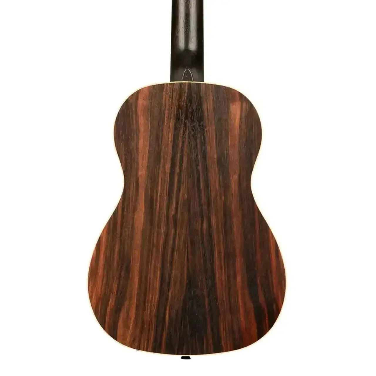 Kala Striped Ebony Baritone Ukulele, back view, showcasing its dark wood grain and light binding.