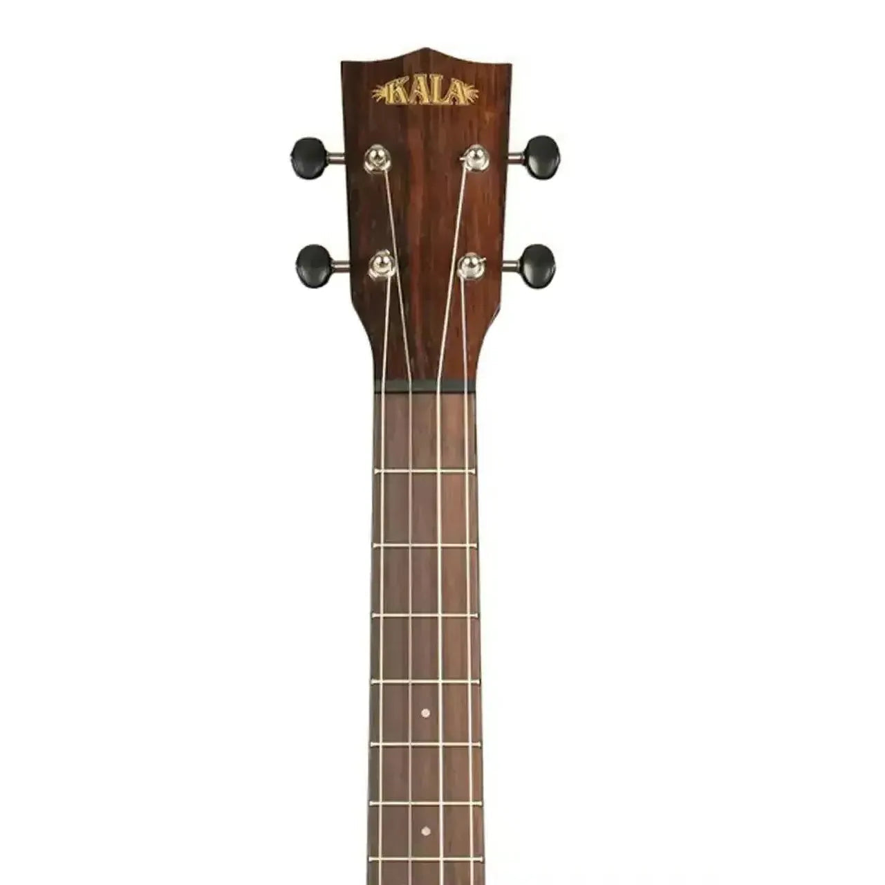 Kala Striped Ebony Baritone Ukulele headstock with dark wood, black tuners, and rosewood fretboard.