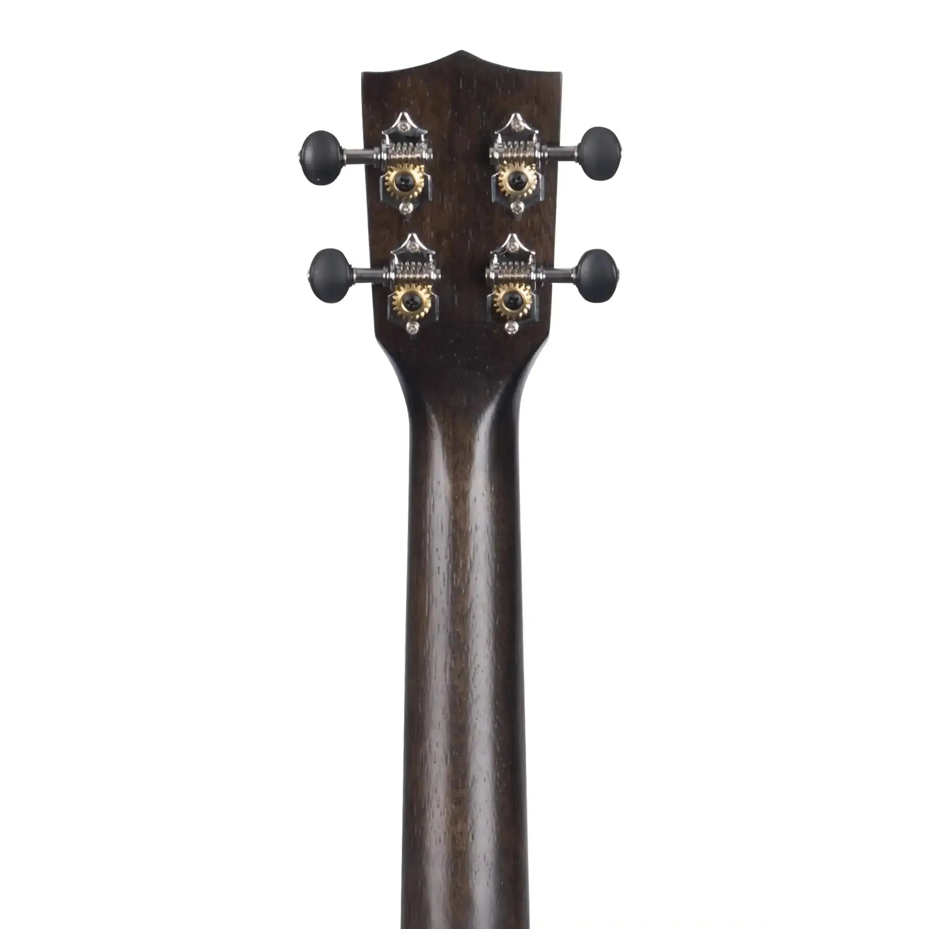 Back of Kala Striped Ebony Concert Ukulele headstock and neck with black tuners and gold gears.