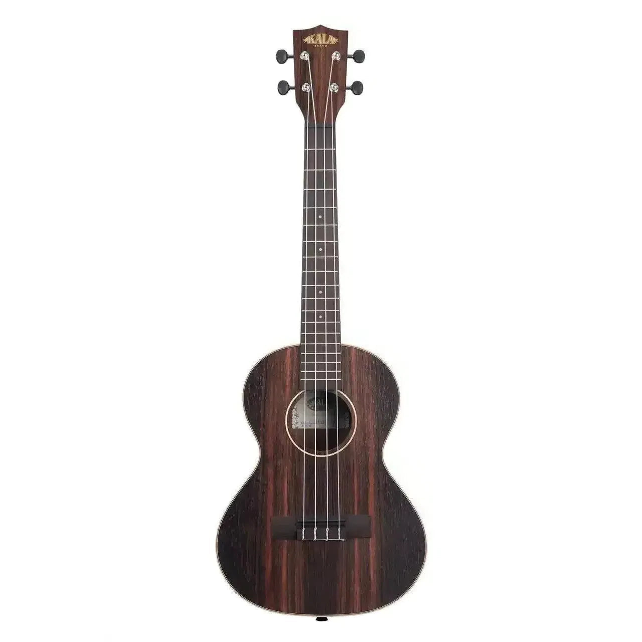 Kala Striped Ebony Tenor Ukulele, dark wood with light stripes, white binding, and black tuners.