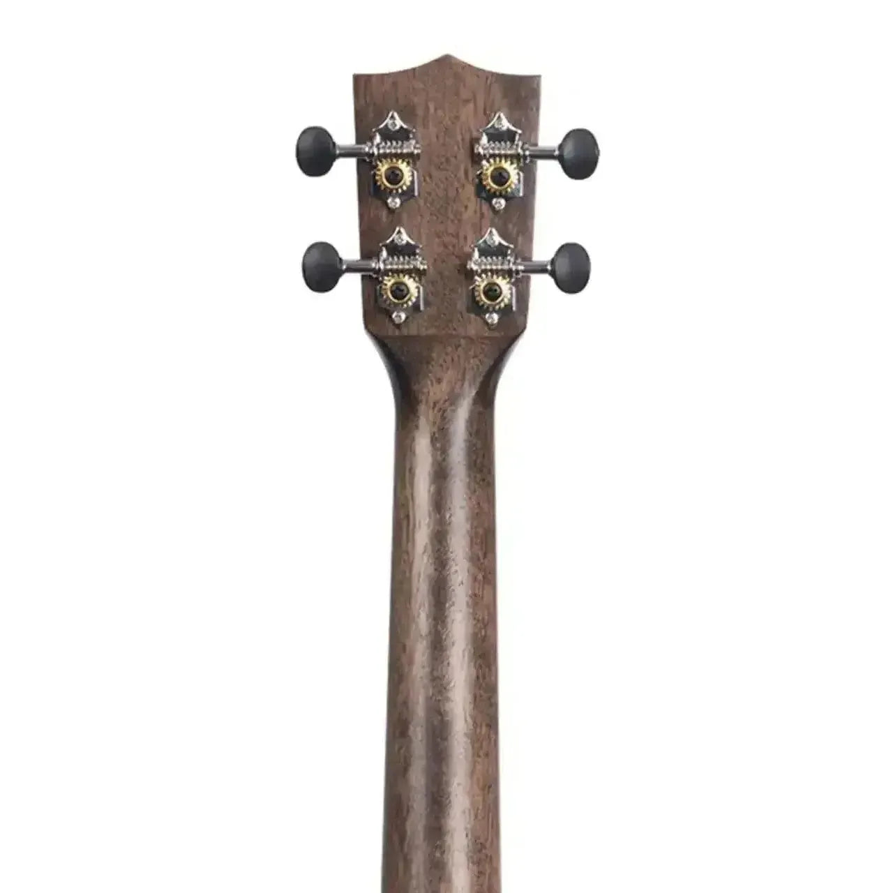 Back of Kala Striped Ebony Tenor Ukulele headstock and mahogany neck with black tuners.