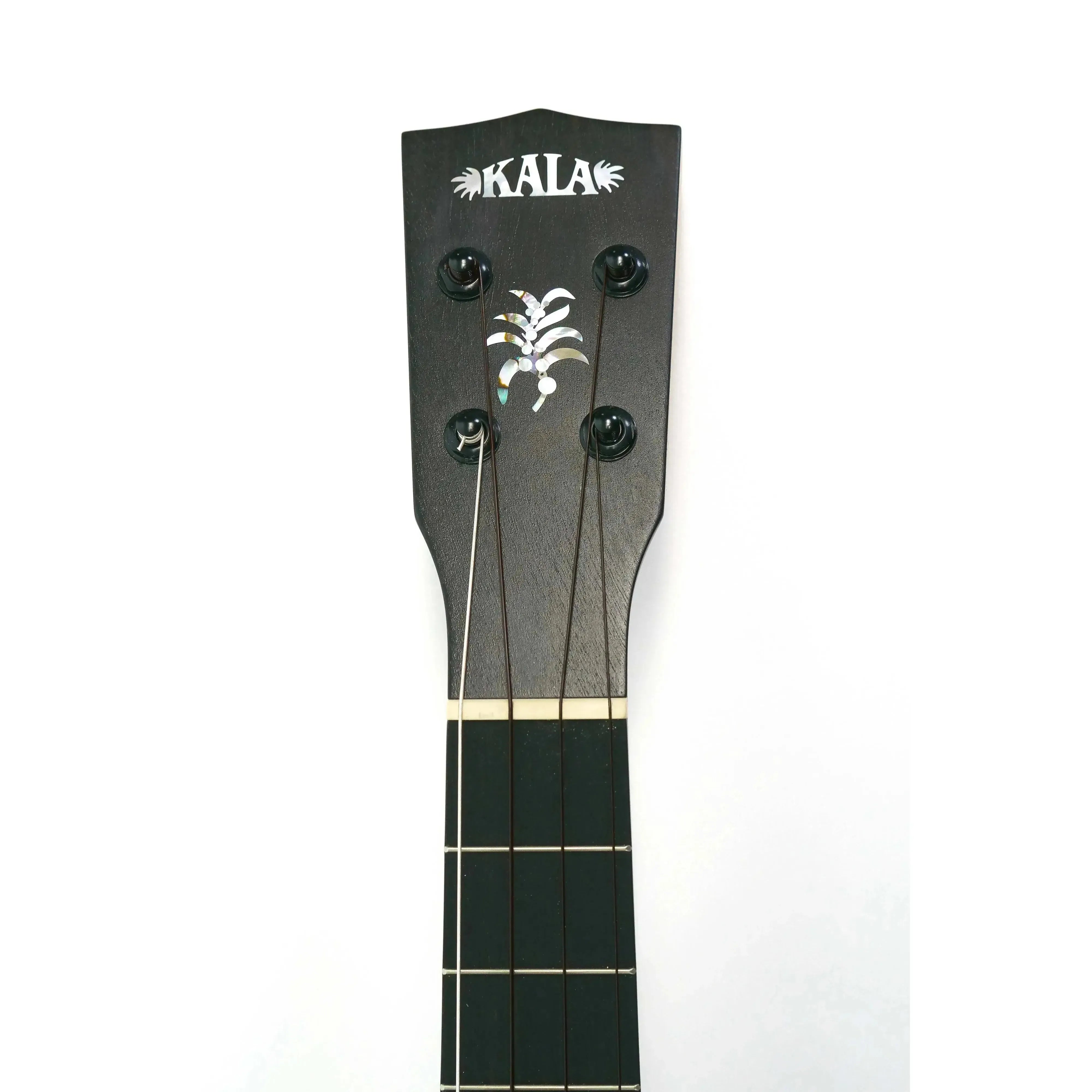 Kala Elite KOA-STG Super Tenor XL Ukulele headstock with Ebony, MoP, and Abalone inlay.