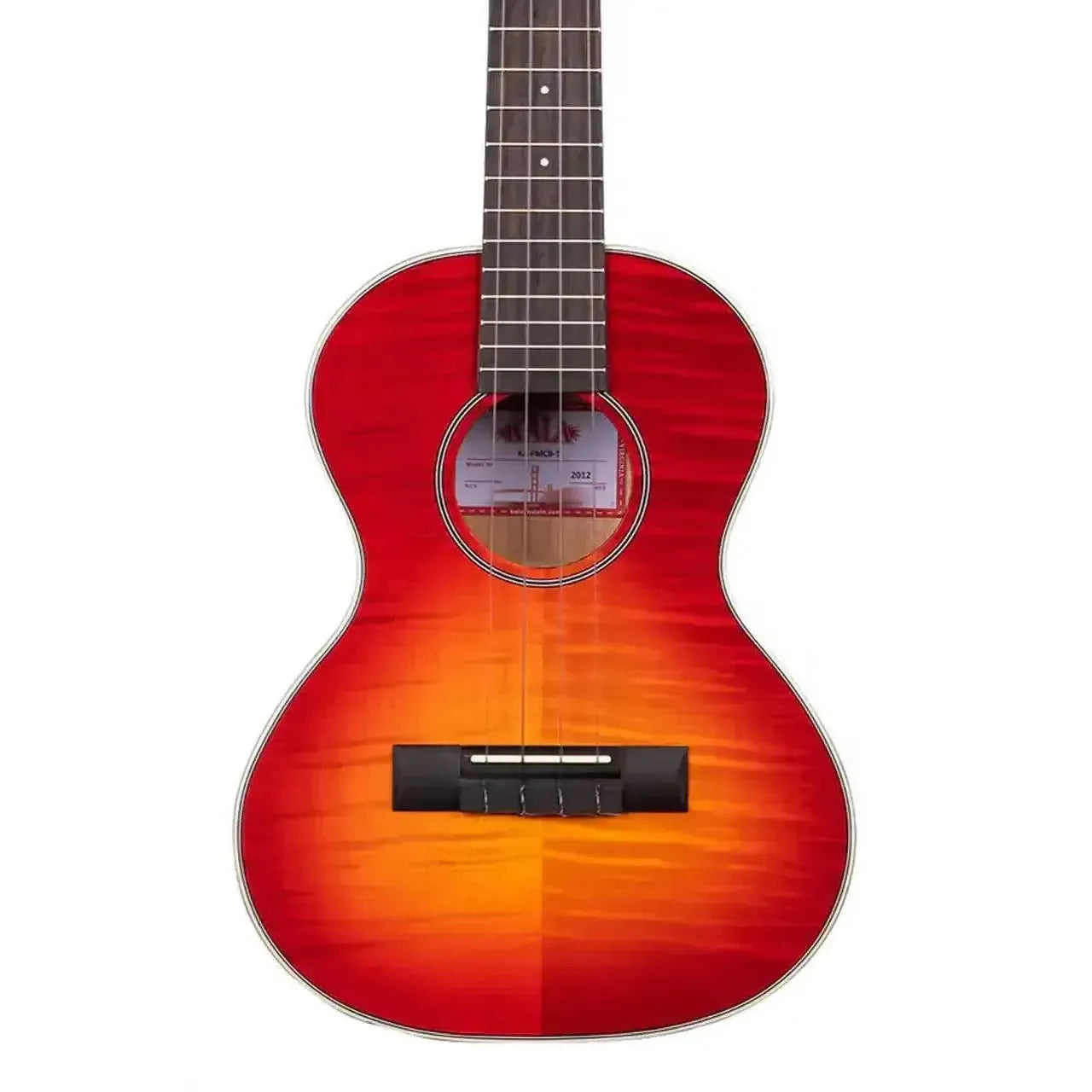 Kala Cherry Burst Flame Maple Tenor Ukulele with crème binding and rosewood fretboard.