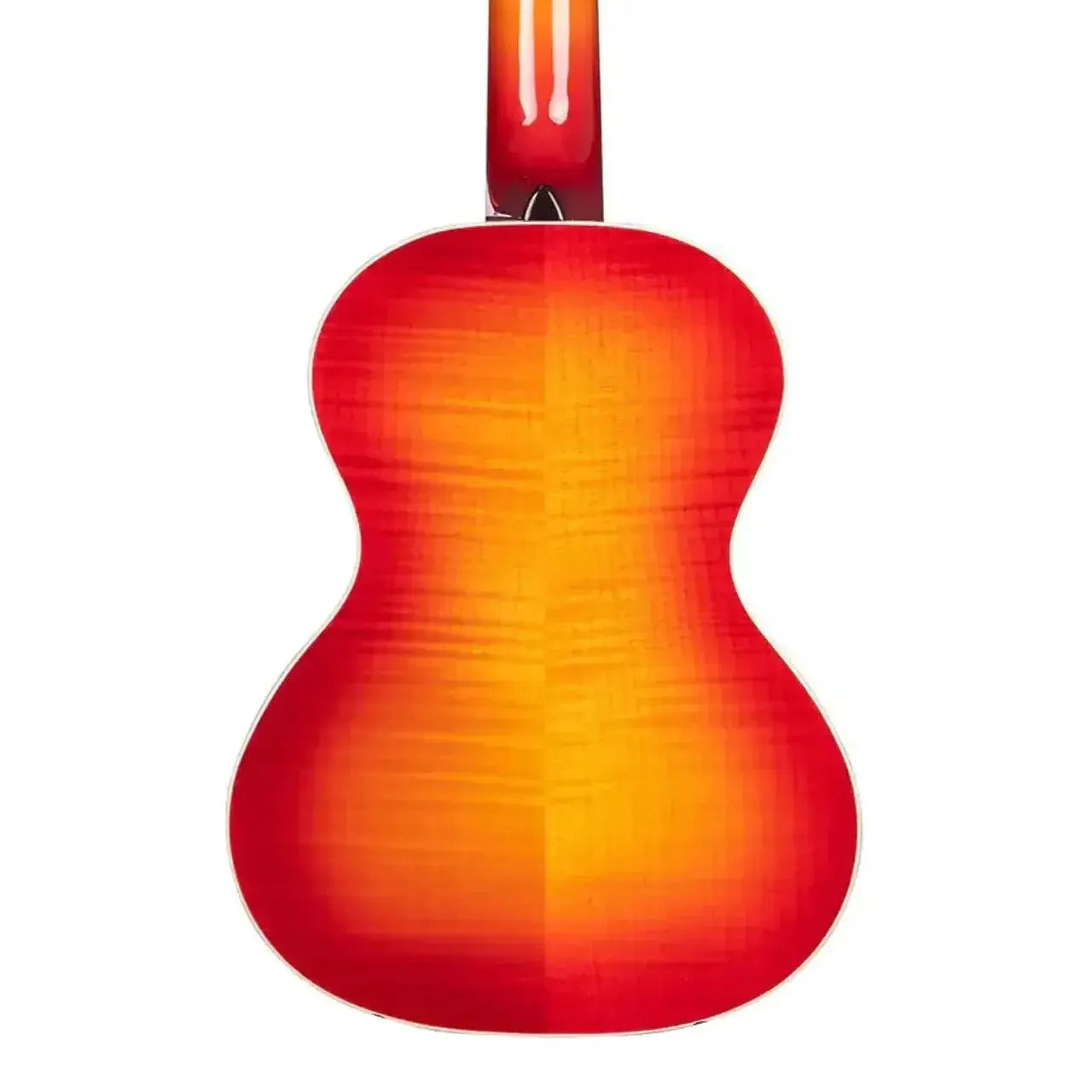 Kala Cherry Burst Flame Maple Tenor Ukulele back with crème binding.