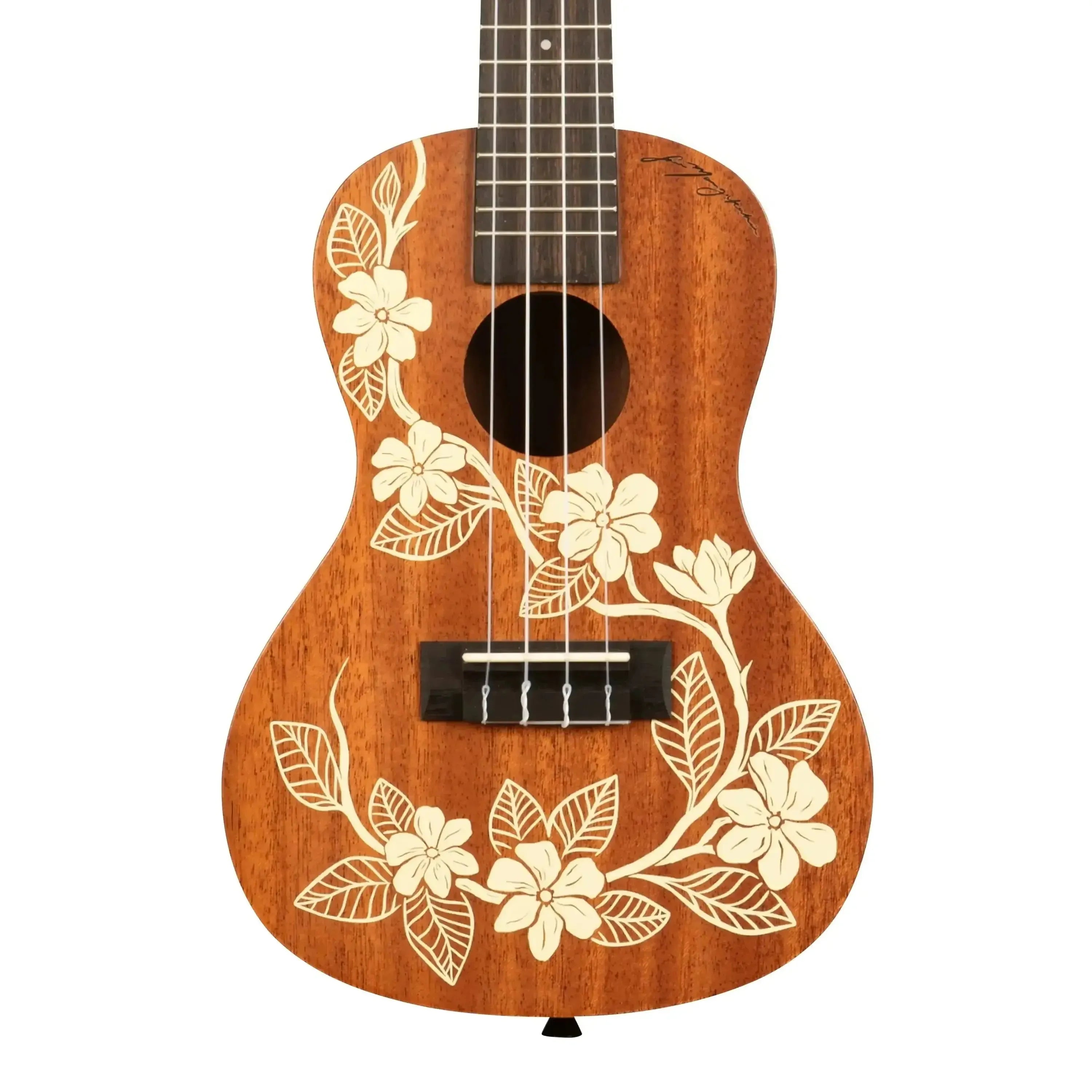 Kala Gardenia-C concert ukulele with mahogany body and white gardenia floral design.