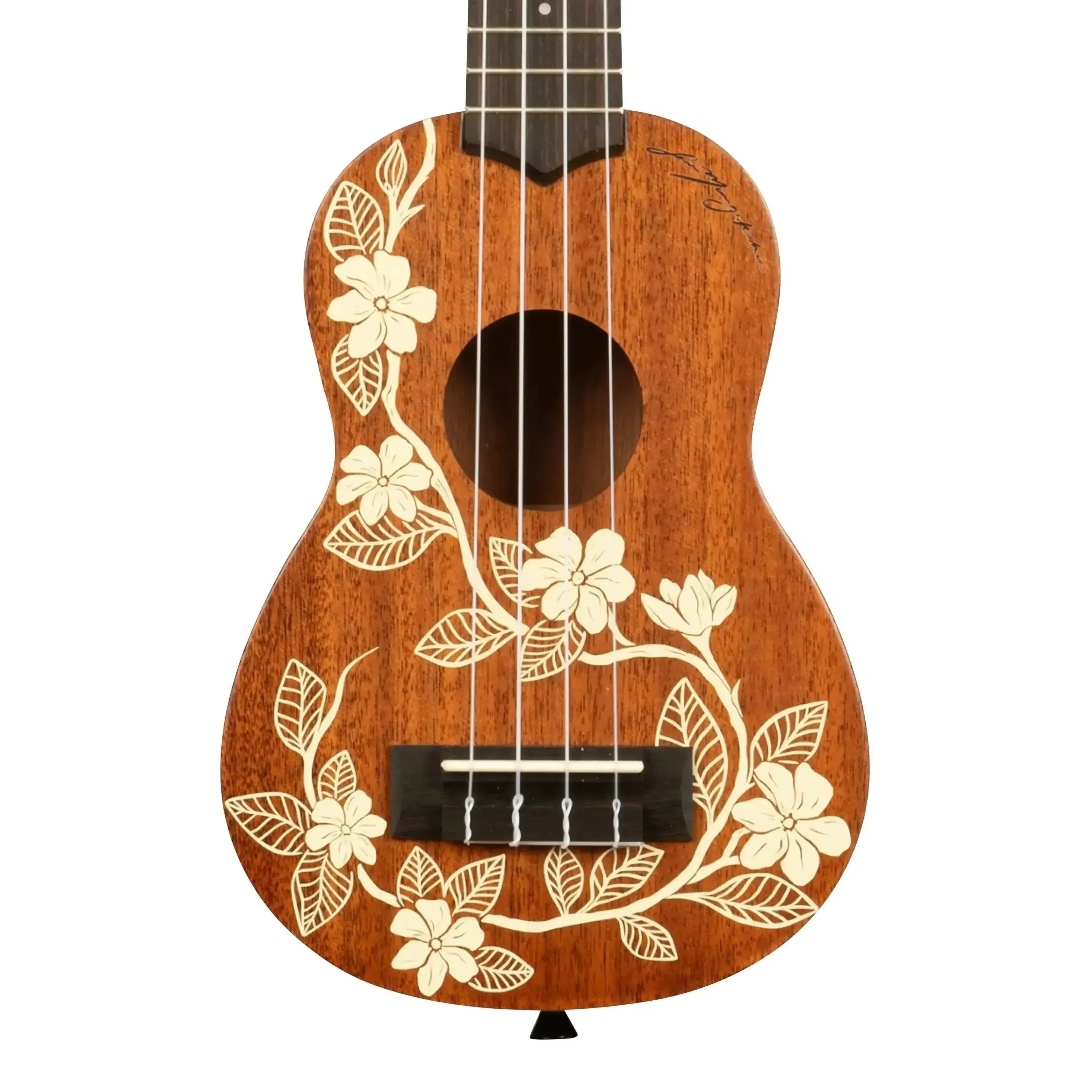 Kala Gardenia-S soprano ukulele with mahogany body and cream floral vine design.