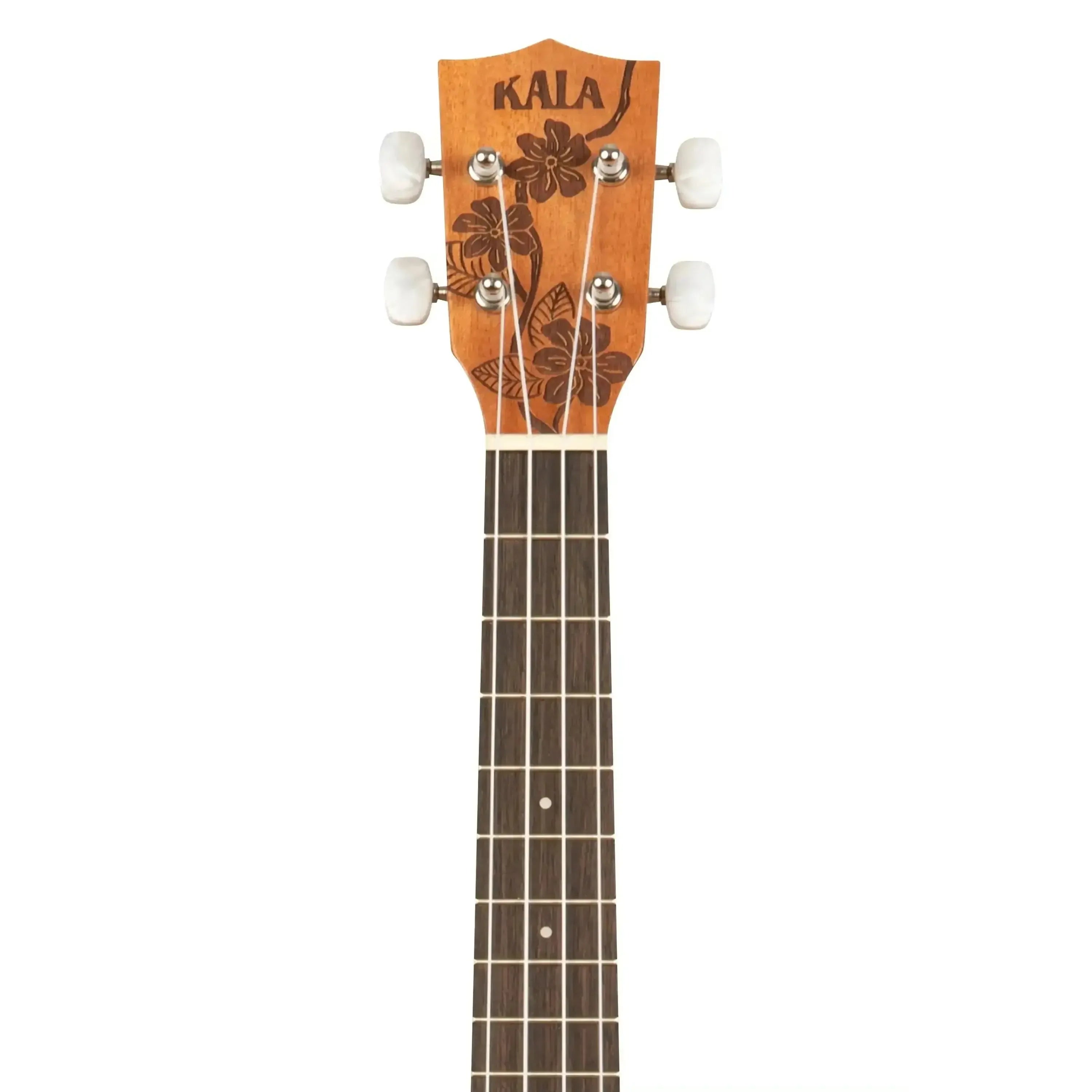 Kala Gardenia Tenor Ukulele headstock with floral engraving, mahogany finish, and white tuning pegs.