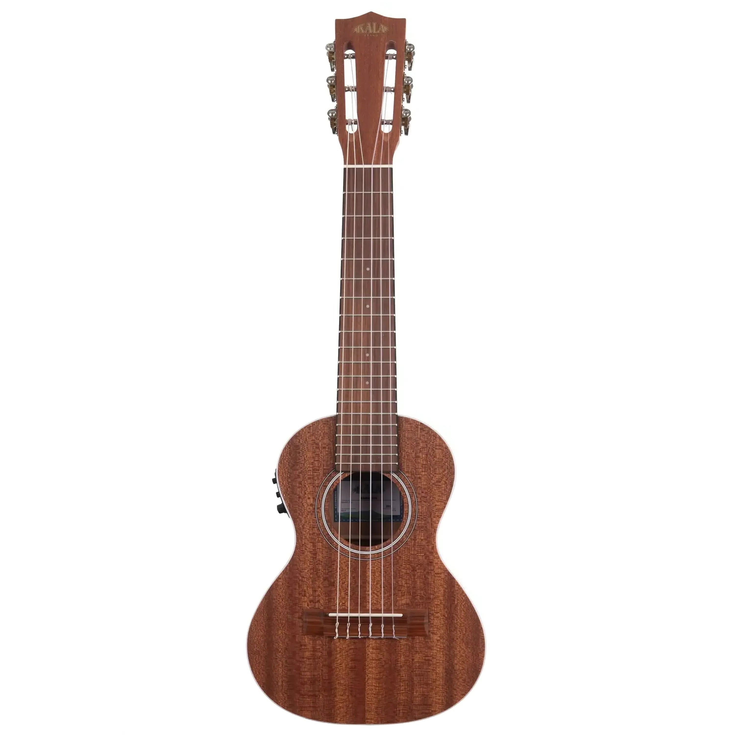 Kala GL-E Satin Mahogany 6-String Guitarlele with EQ, showing its full body, slotted headstock, and satin finish.