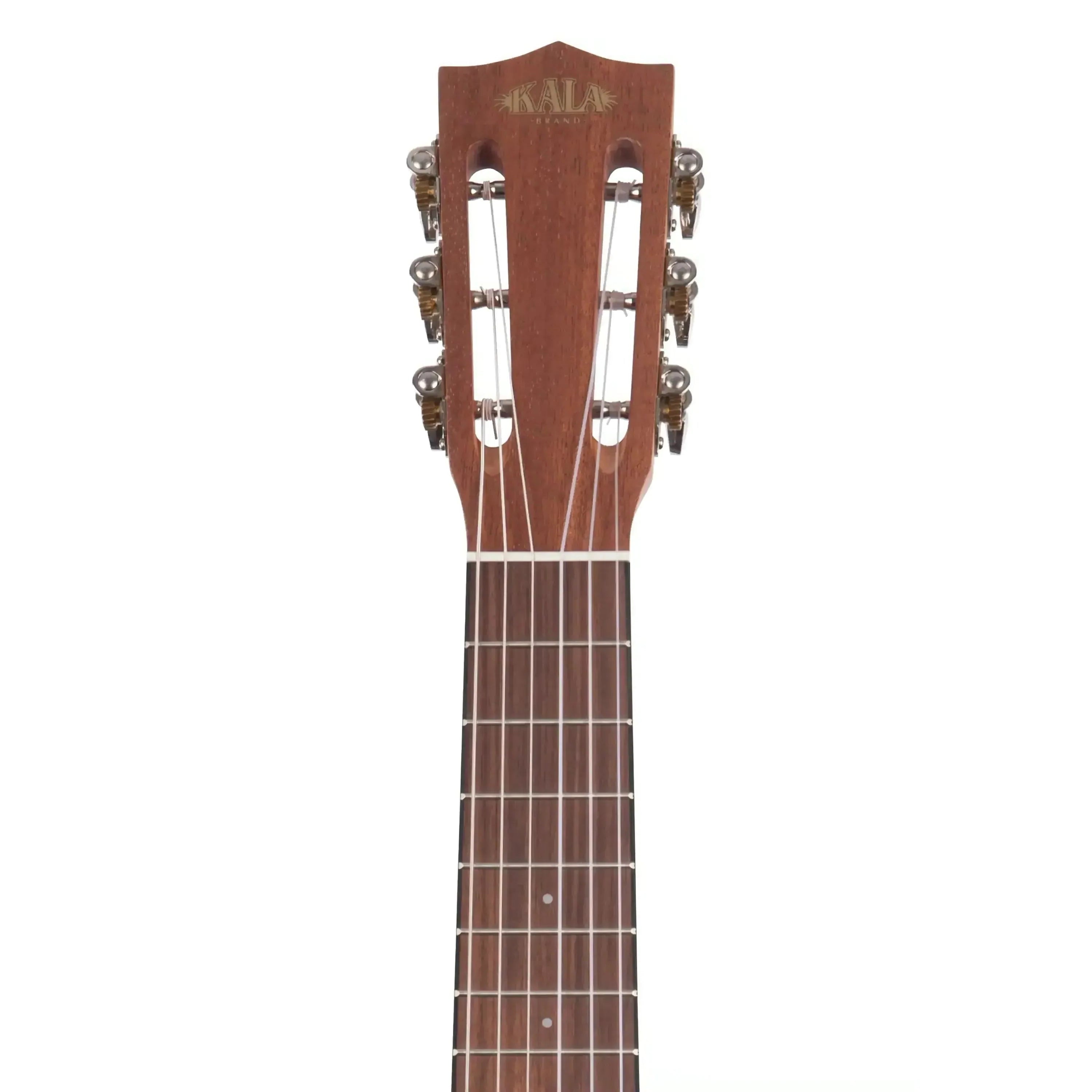 Kala GL-E Satin Mahogany 6-String Guitarlele headstock with slotted tuners and fretboard.