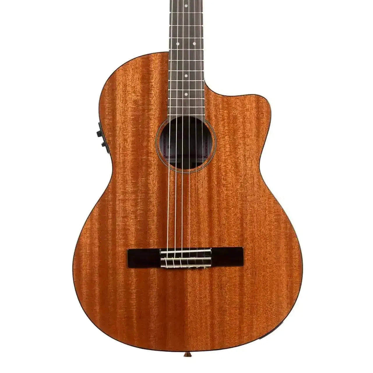 Kala GTR-MTN-E thinline nylon guitar with solid mahogany top, cutaway, and black binding.