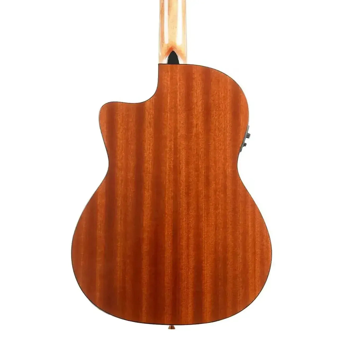 Back of Kala GTR-MTN-E thinline nylon guitar, showing solid mahogany wood grain and cutaway.