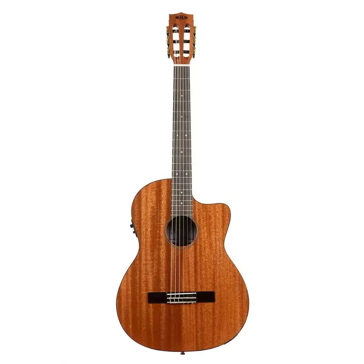 Kala GTR-MTN-E thinline nylon guitar with solid mahogany top, cutaway, and pickup.