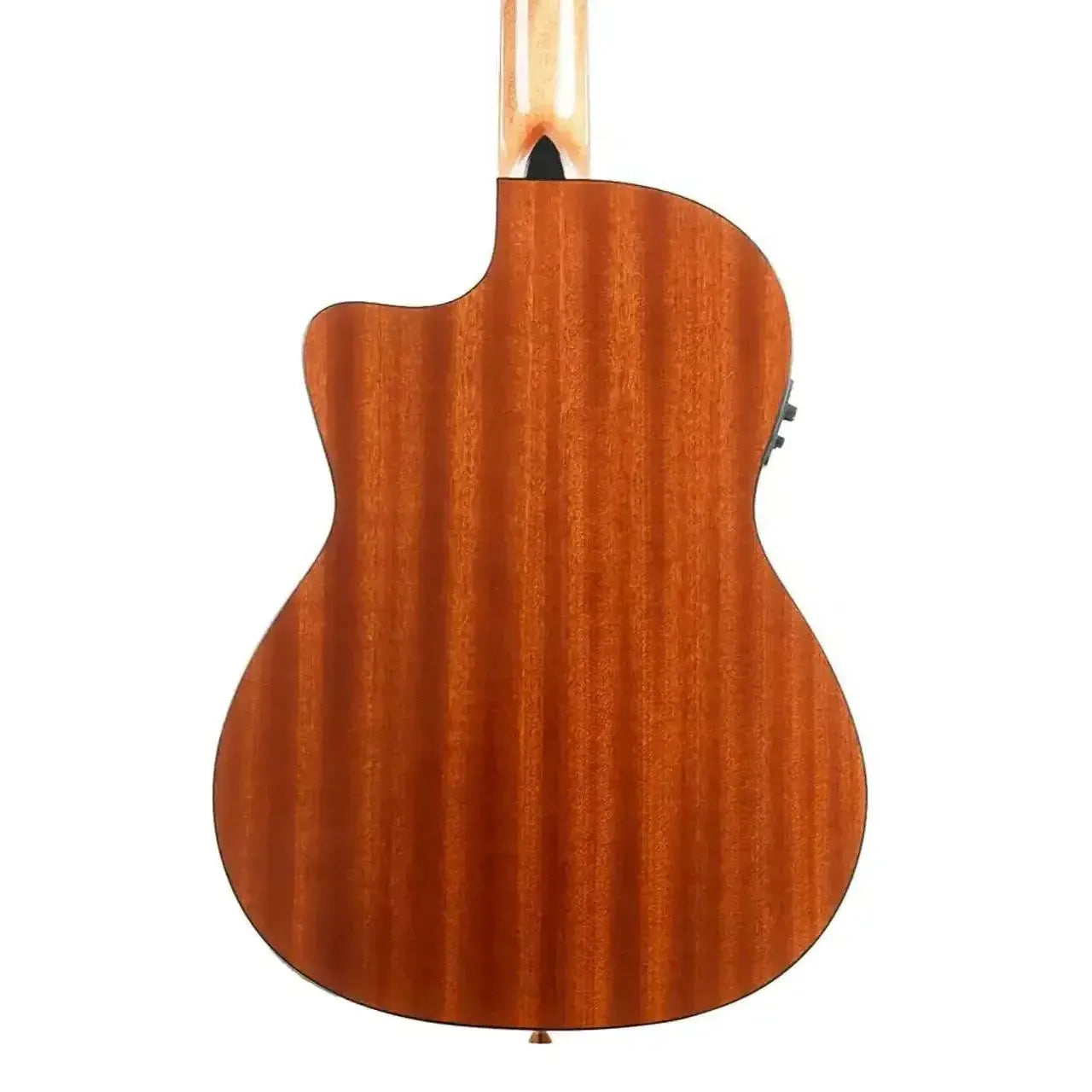 Back of a Kala GTR-MTS-E thinline steel guitar, showing its solid mahogany back and cutaway.