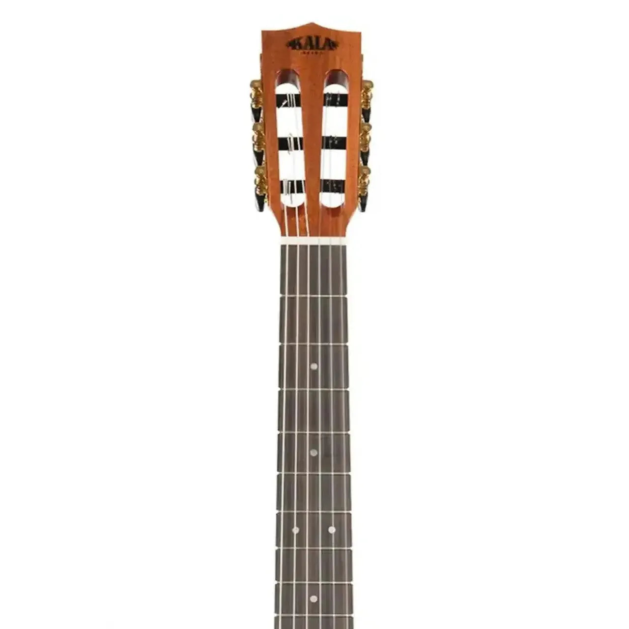 Kala GTR-MTS-E steel guitar headstock and fretboard, mahogany with gold tuners.