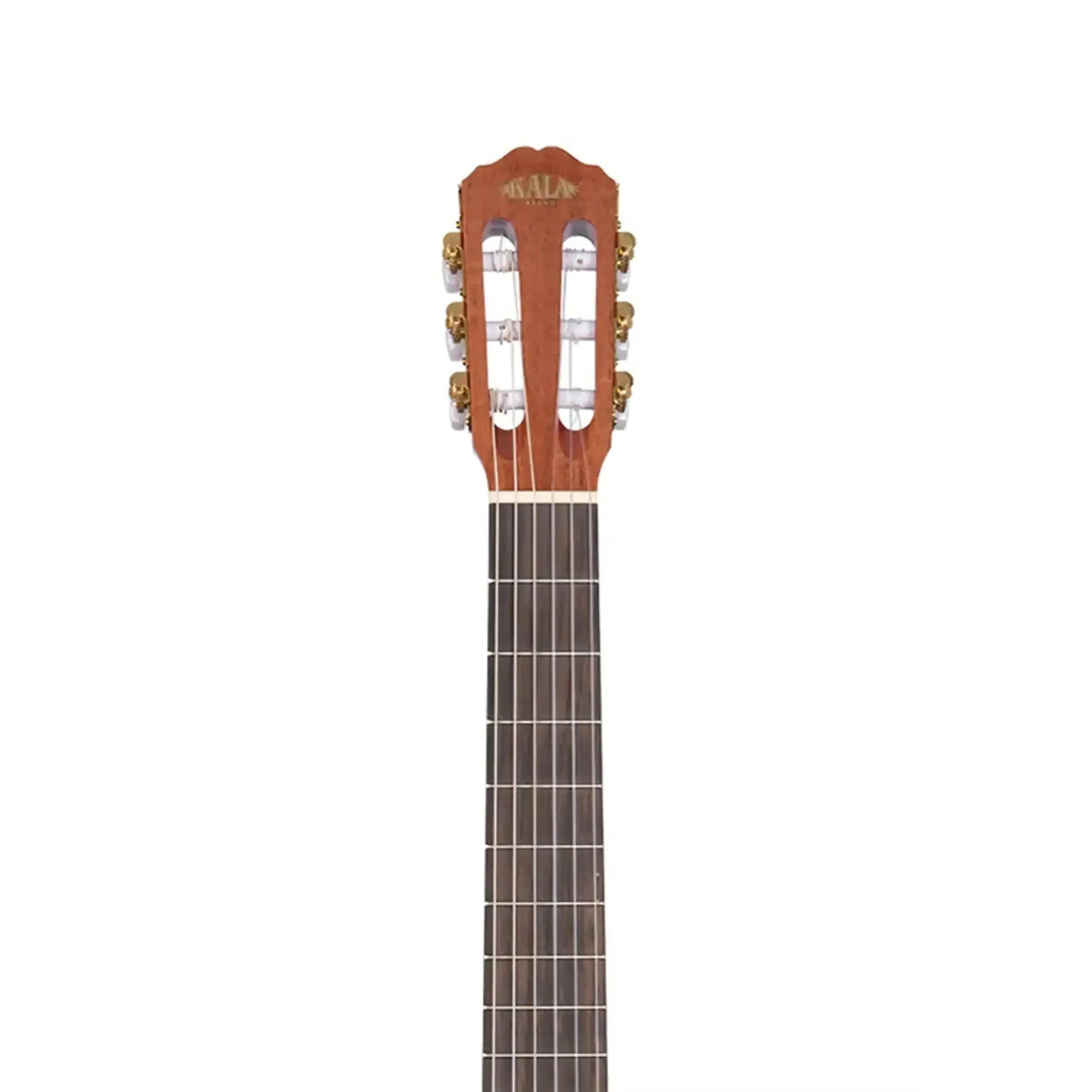 Kala GTR-NY25 classical nylon guitar headstock with gold slotted tuners and mahogany neck.
