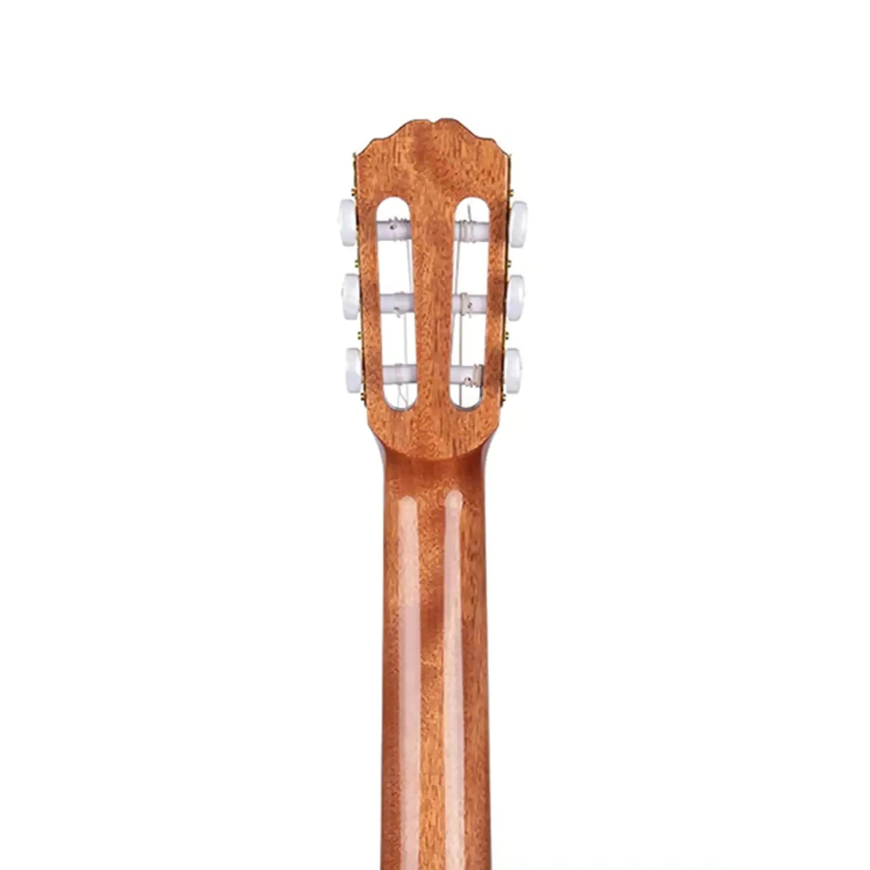 Kala GTR-NY25 classical nylon guitar headstock and neck, natural wood with gold tuners.