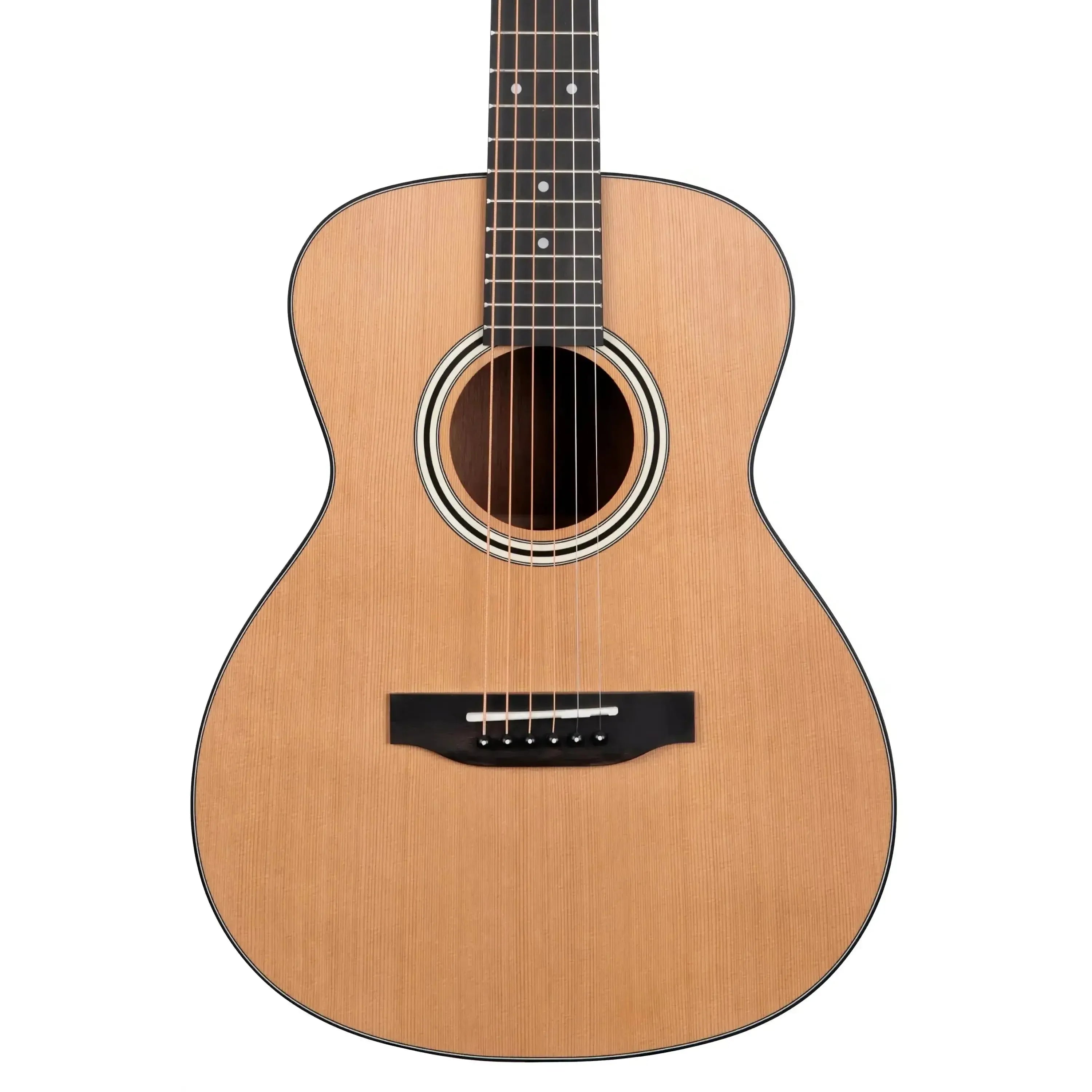 Kala GTR-OM-CMH Mini Orchestra Guitar with solid cedar top, black bridge, and rosette detail.