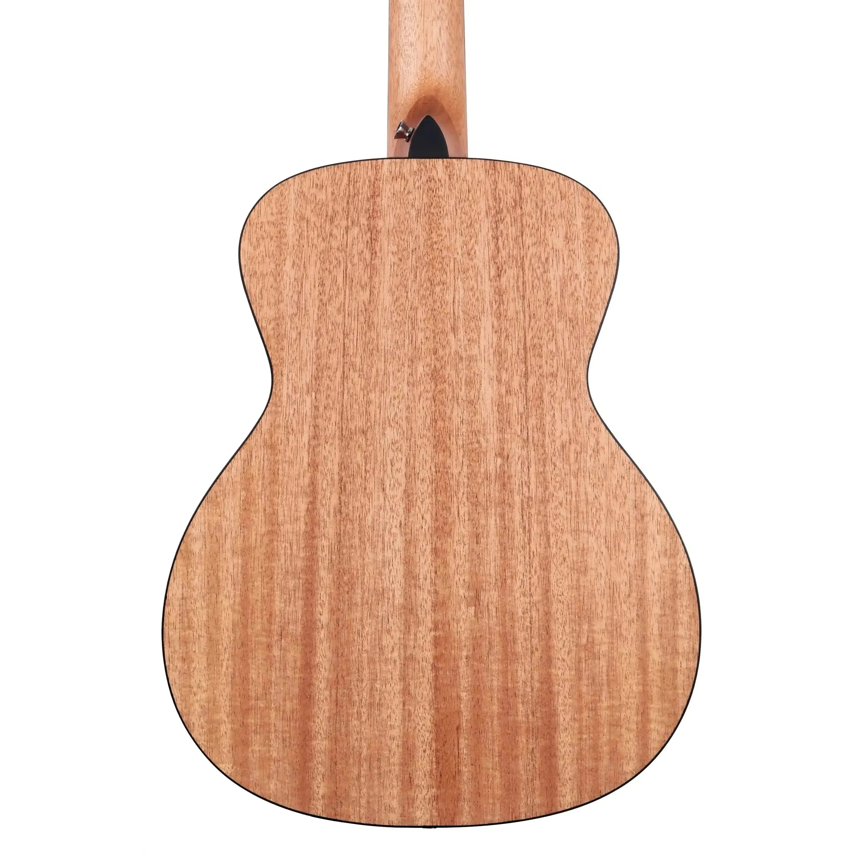 Back of a Kala GTR-OM-CMH Mini Orchestra Guitar with laminate mahogany back and sides.
