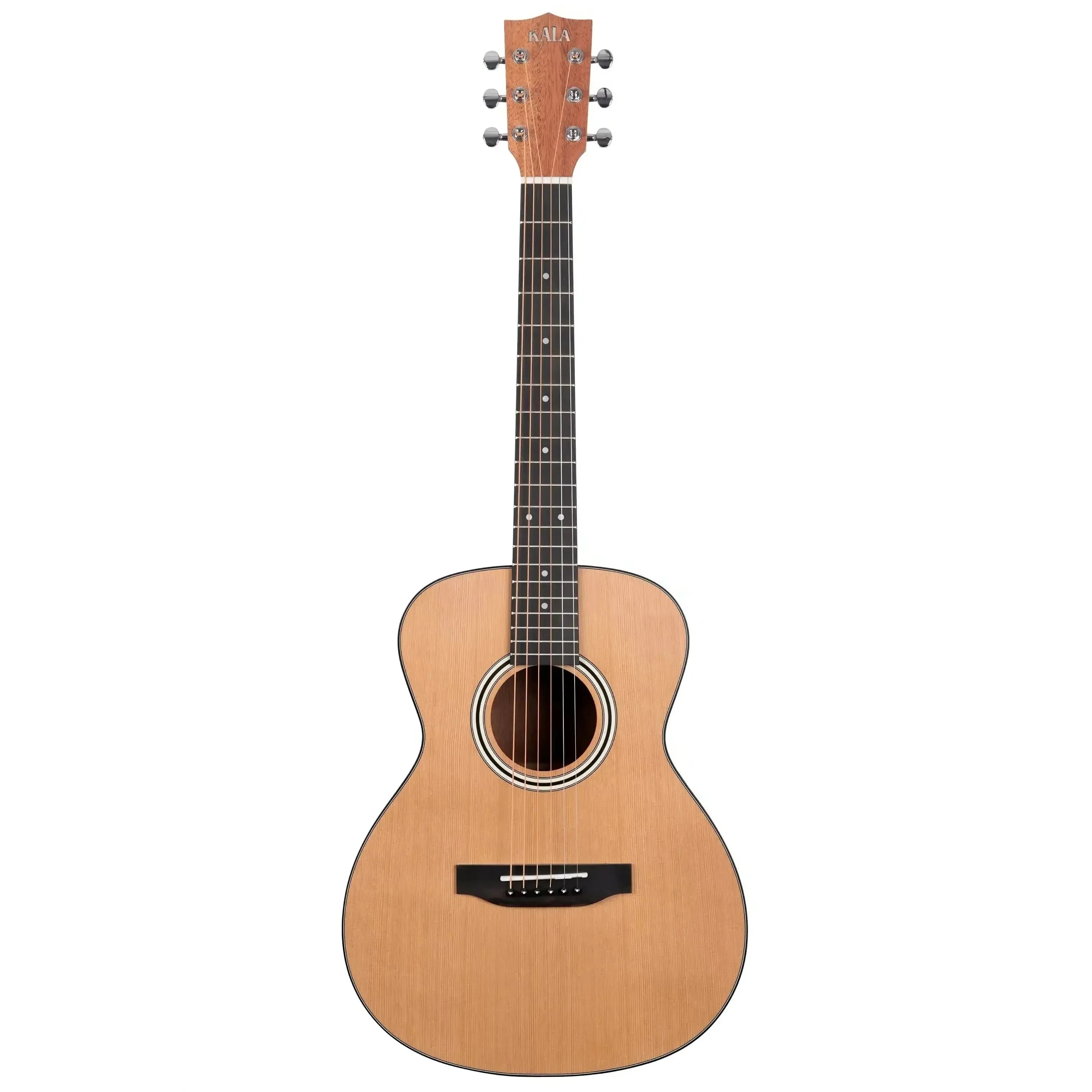 Kala GTR-OM-CMH Mini Orchestra Guitar with solid cedar top, mahogany neck, and ebony fretboard.