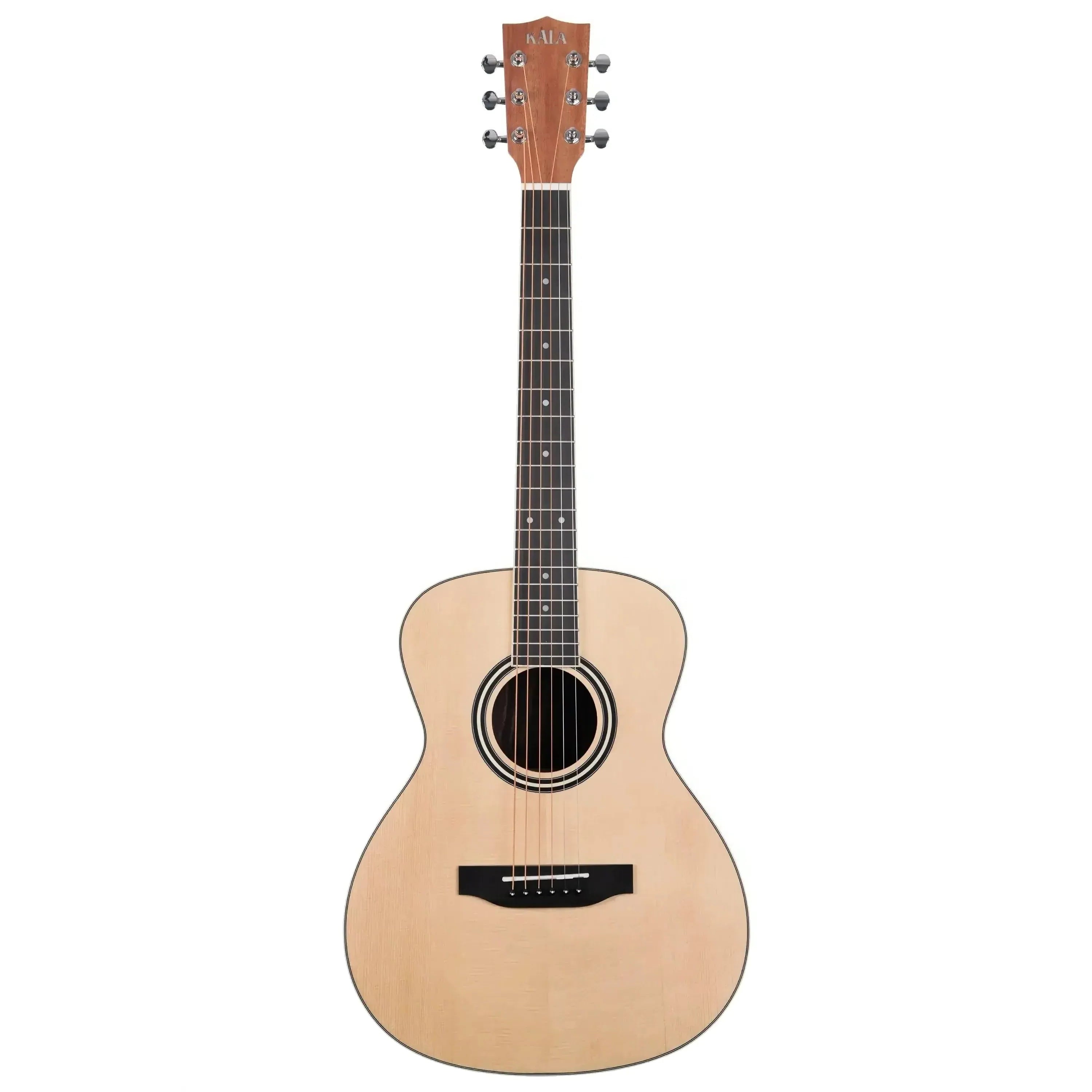 Kala GTR-OM-SEB Mini Orchestra Guitar with light Engelmann spruce top and dark fretboard.