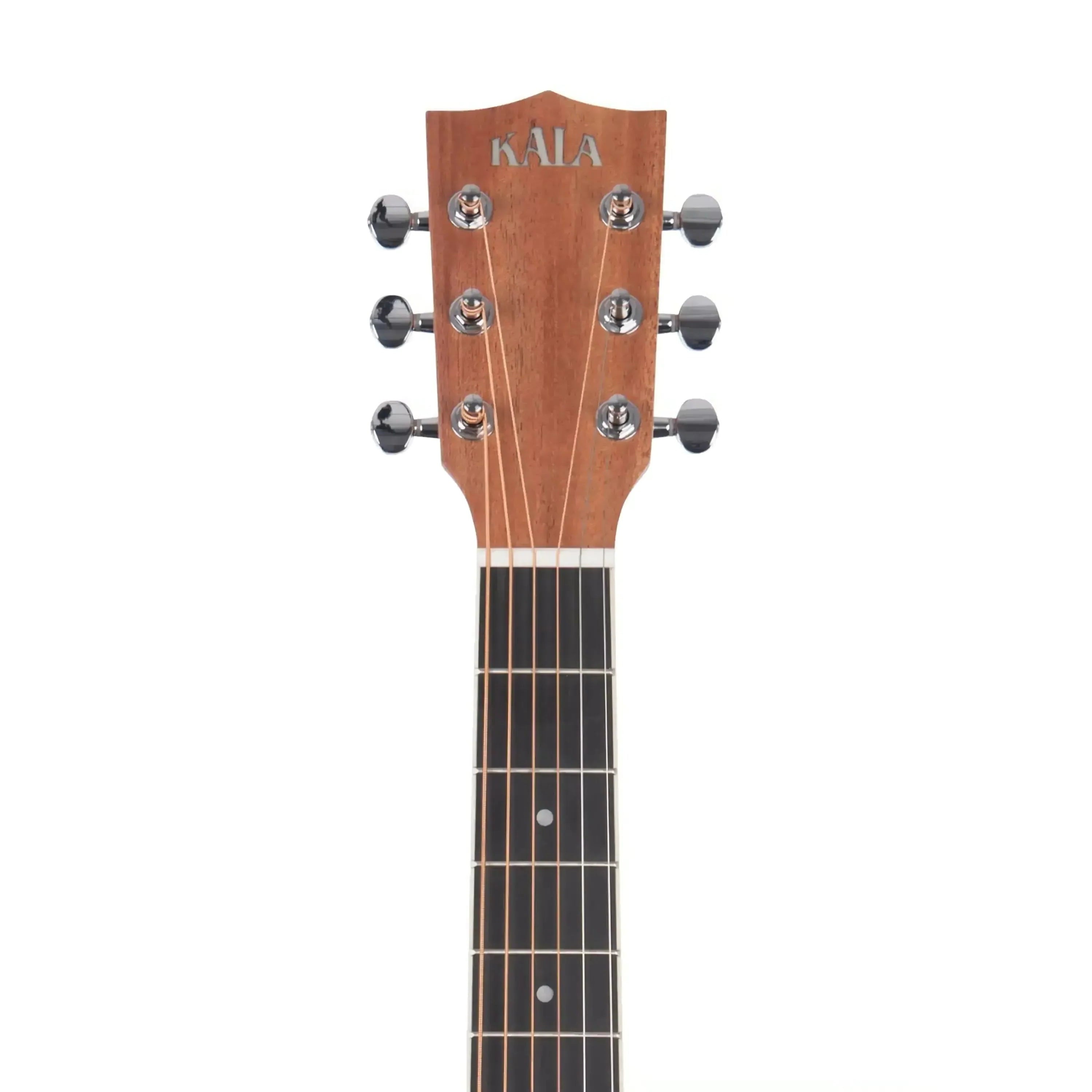 Kala GTR-OM-SEB mini orchestra guitar headstock with chrome tuners and natural wood finish.