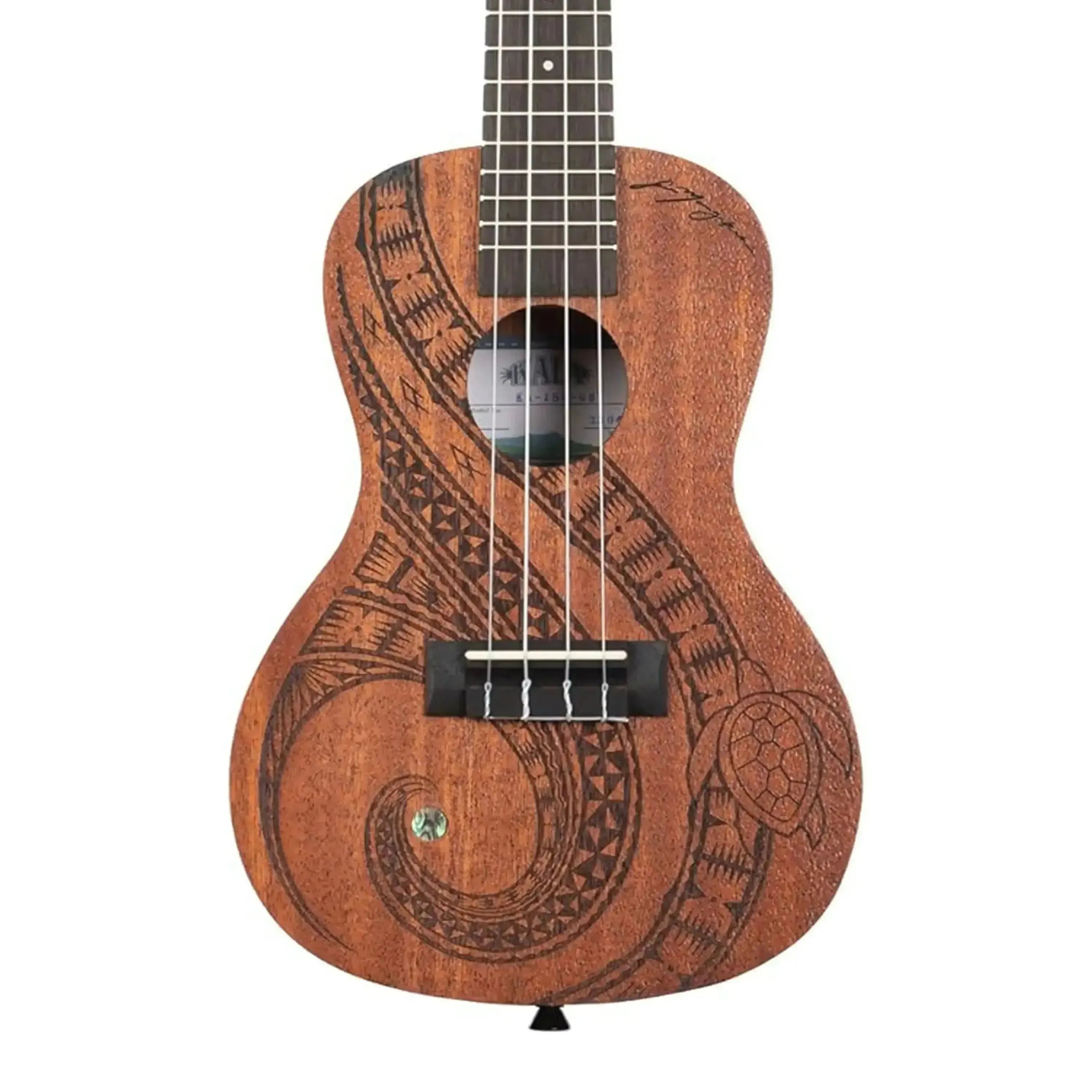 Kala GUIDANCE-C Concert Ukulele with mahogany body, black tribal design, and turtle motif.