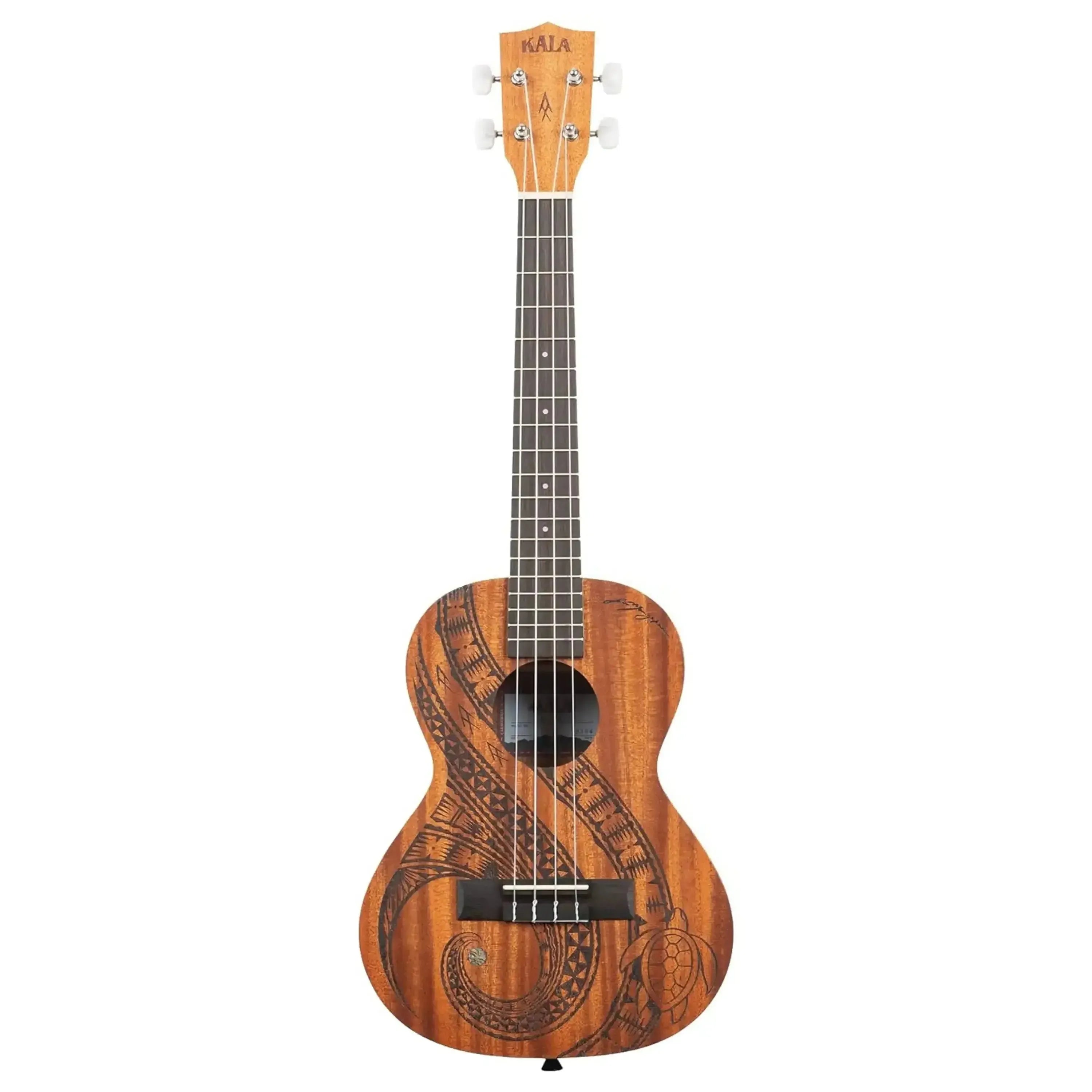 Kala GUIDANCE-C Mahogany Concert Ukulele with tribal turtle design and satin finish.