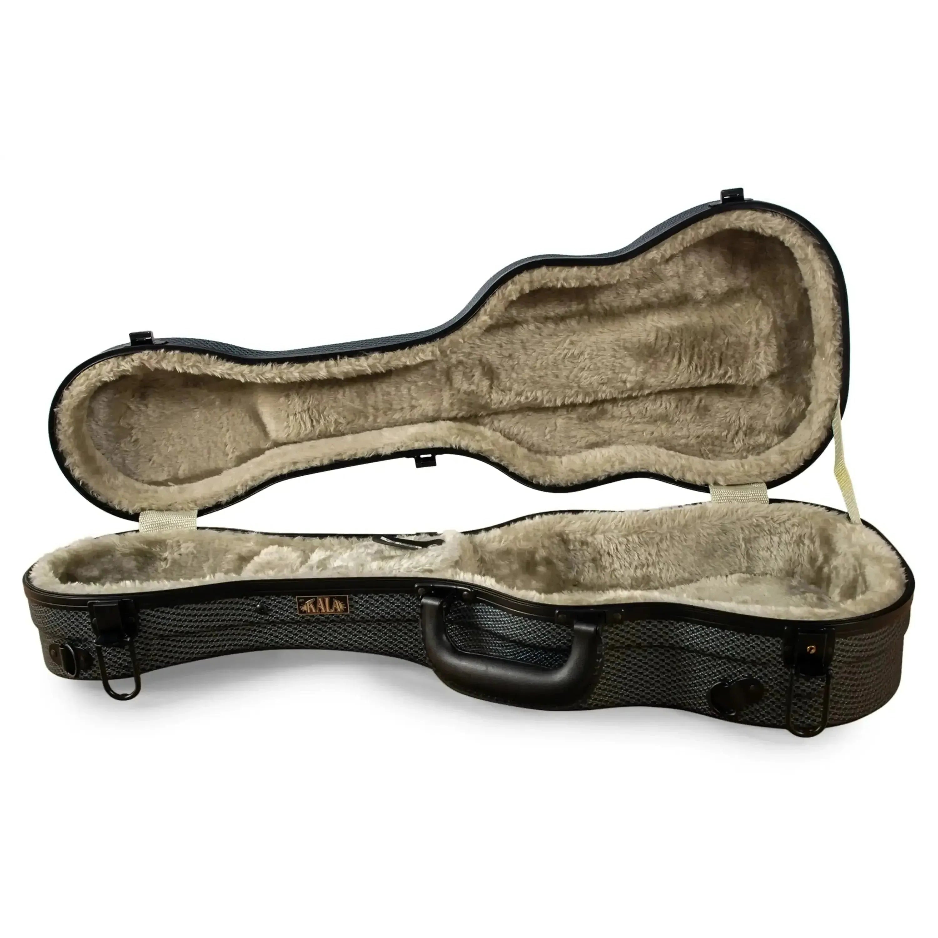 Kala HC-CHAR-T ABS molded tenor ukulele hardshell case, open with plush tan interior.