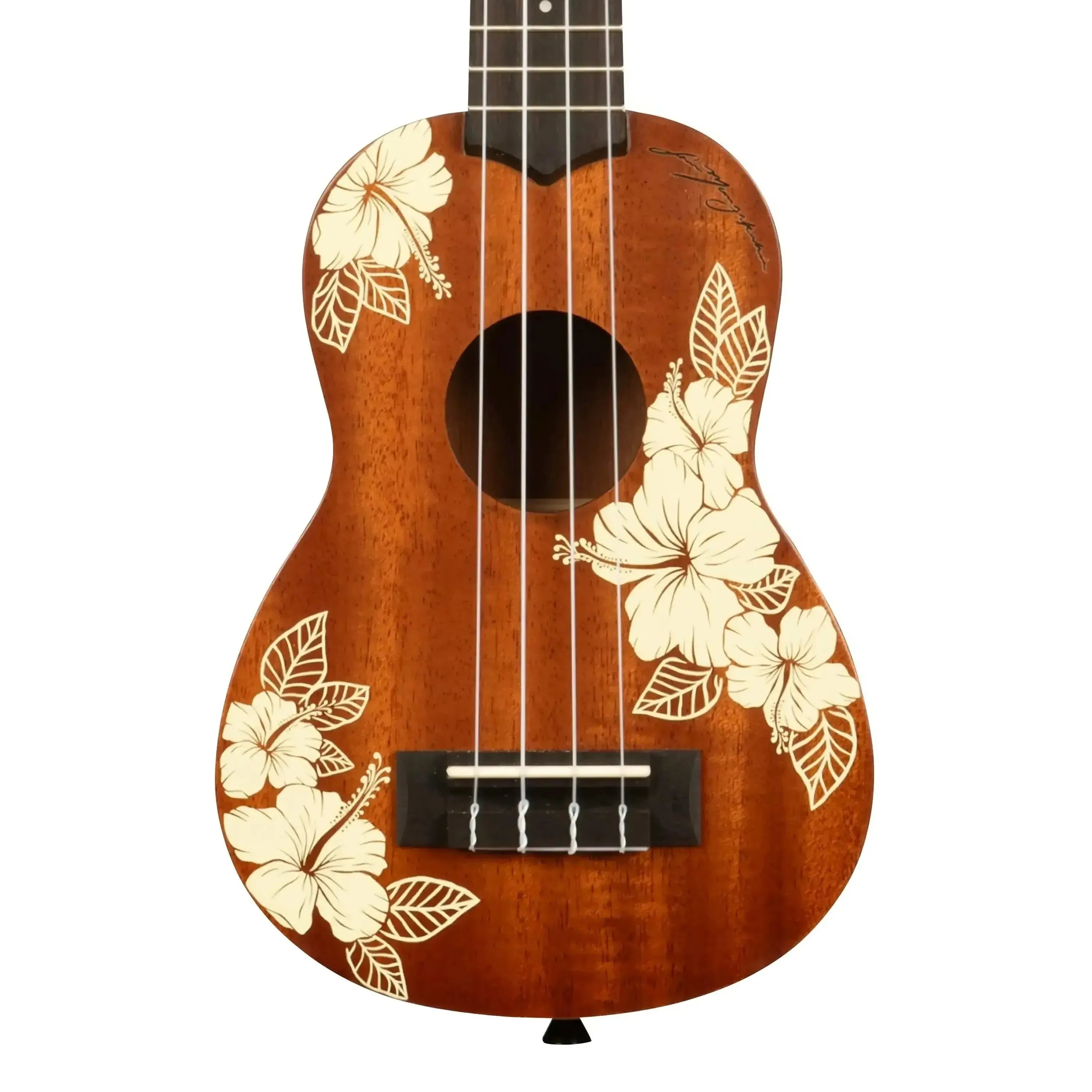 Kala Hibiscus-S soprano ukulele with mahogany body and cream hibiscus floral design.