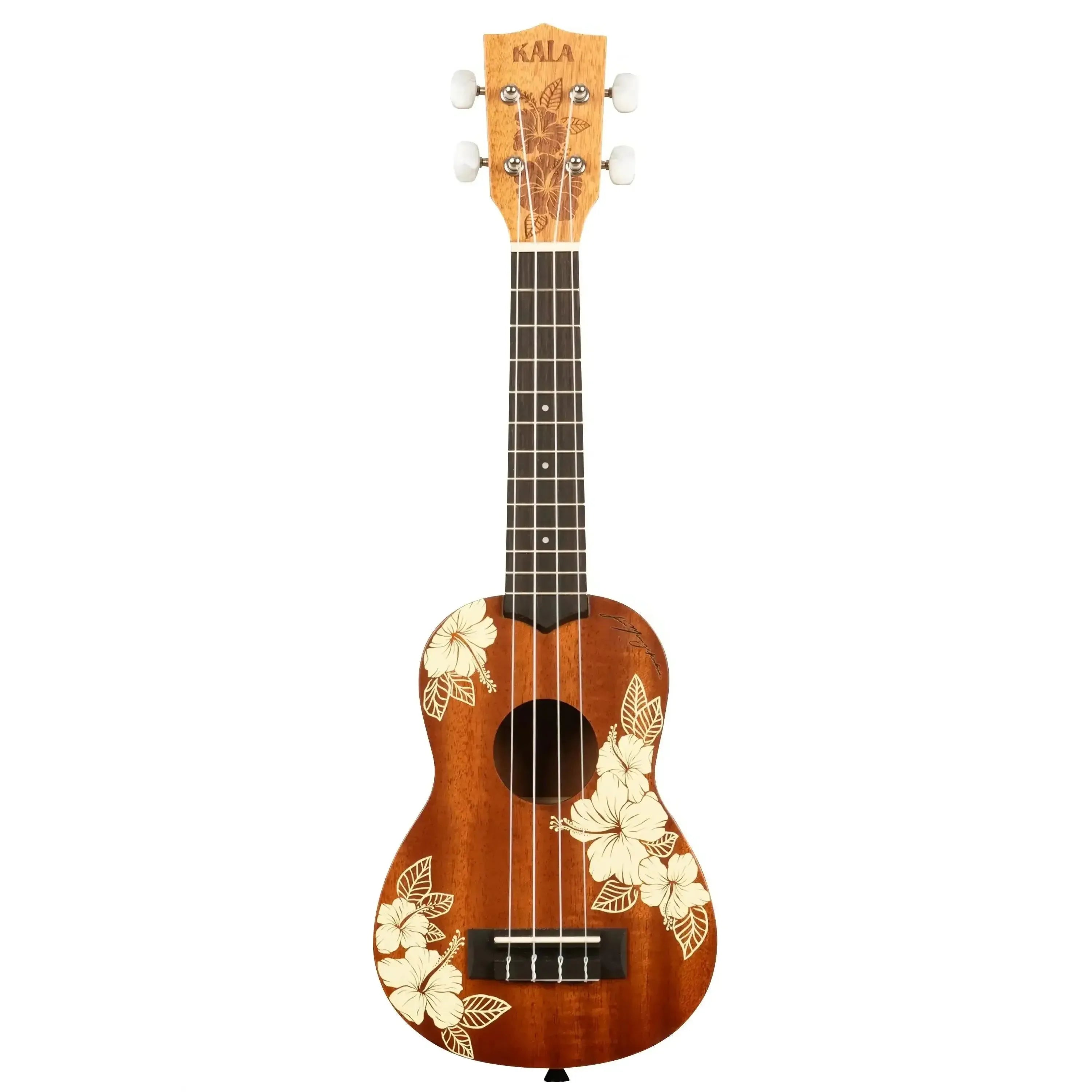 Kala HIBISCUS-S Soprano Ukulele with mahogany body and white hibiscus floral design.