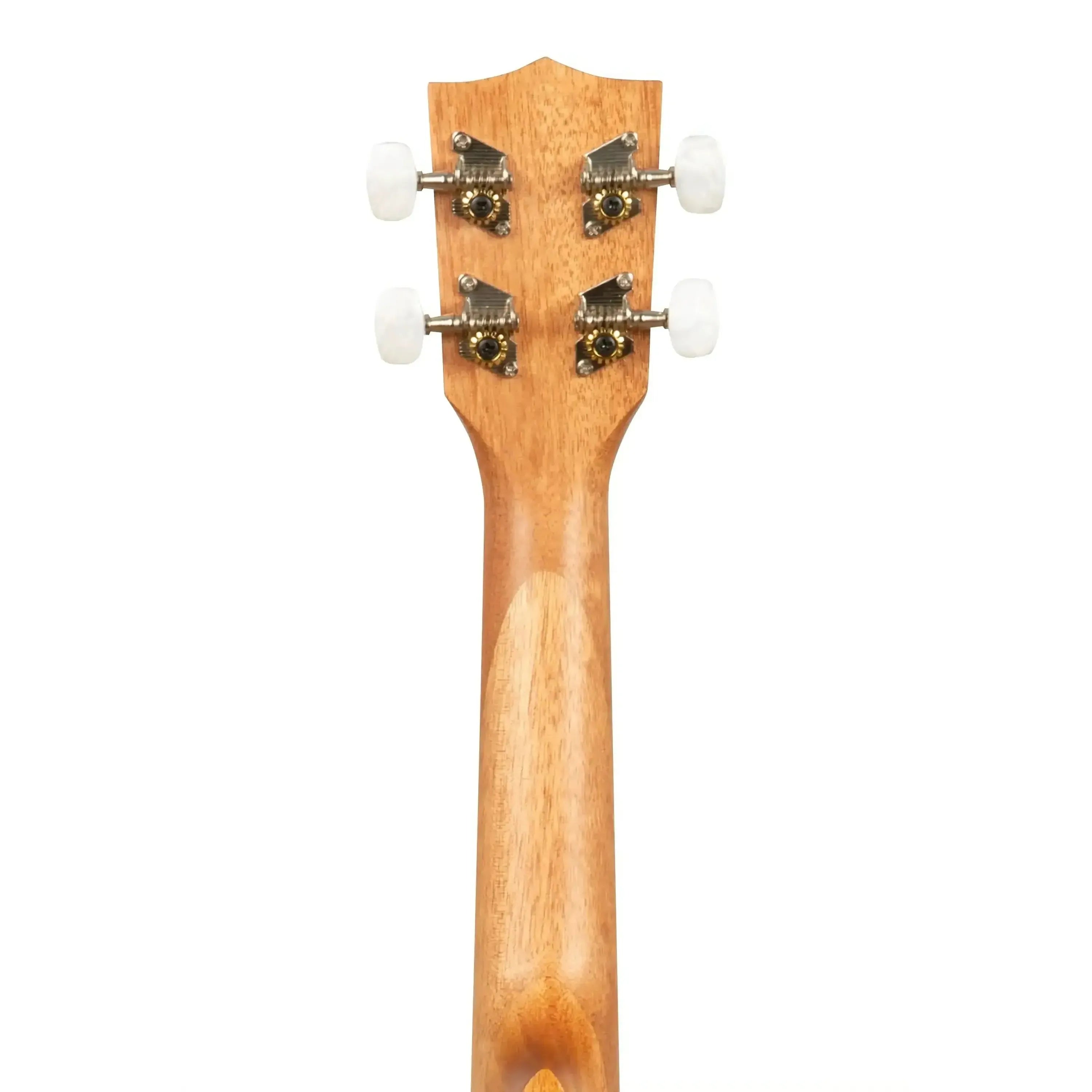 Back of a Kala Hibiscus Soprano Ukulele headstock and neck, showing mahogany wood and chrome tuners.