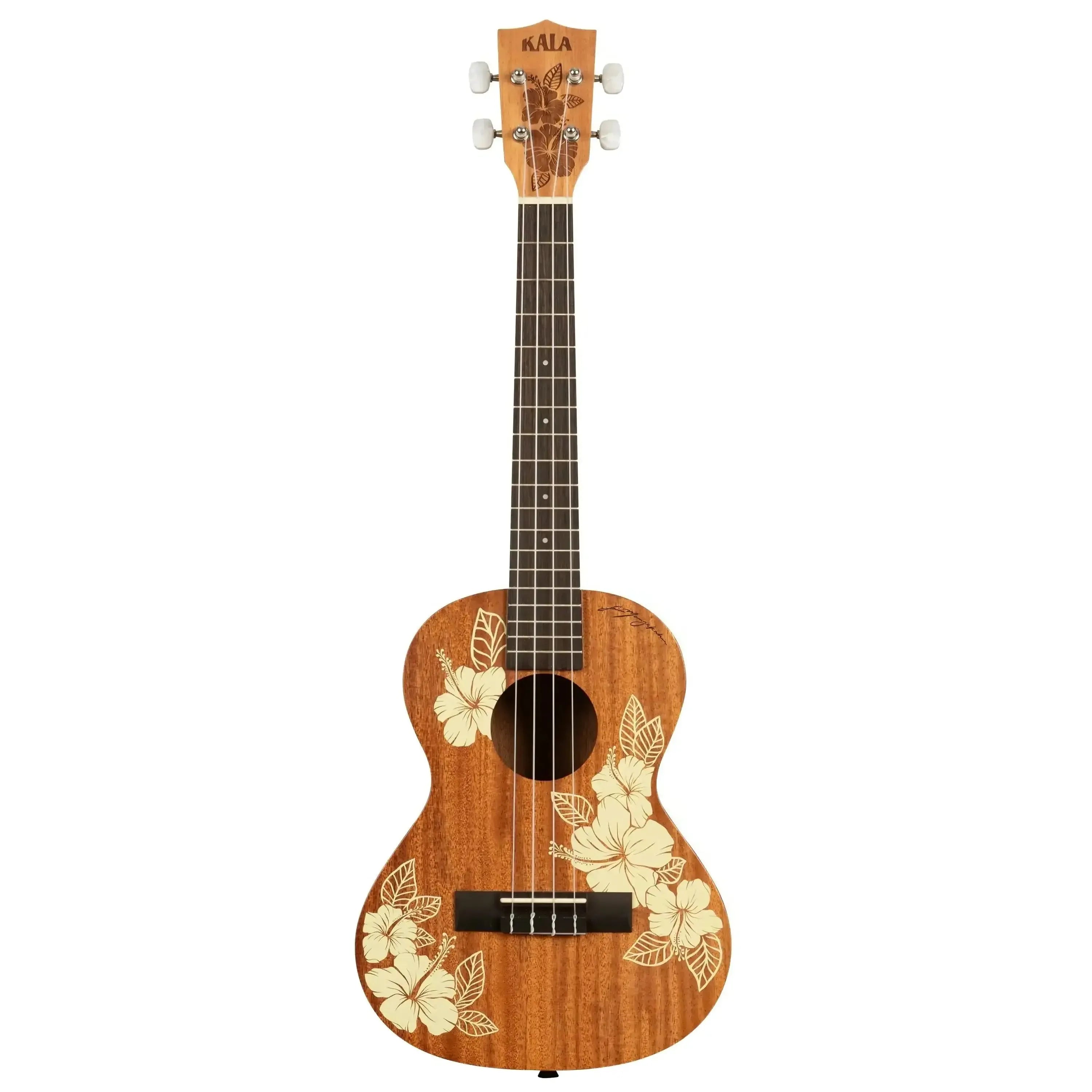 Kala Hibiscus Mahogany Tenor Ukulele with cream hibiscus flower design on a light wood body.