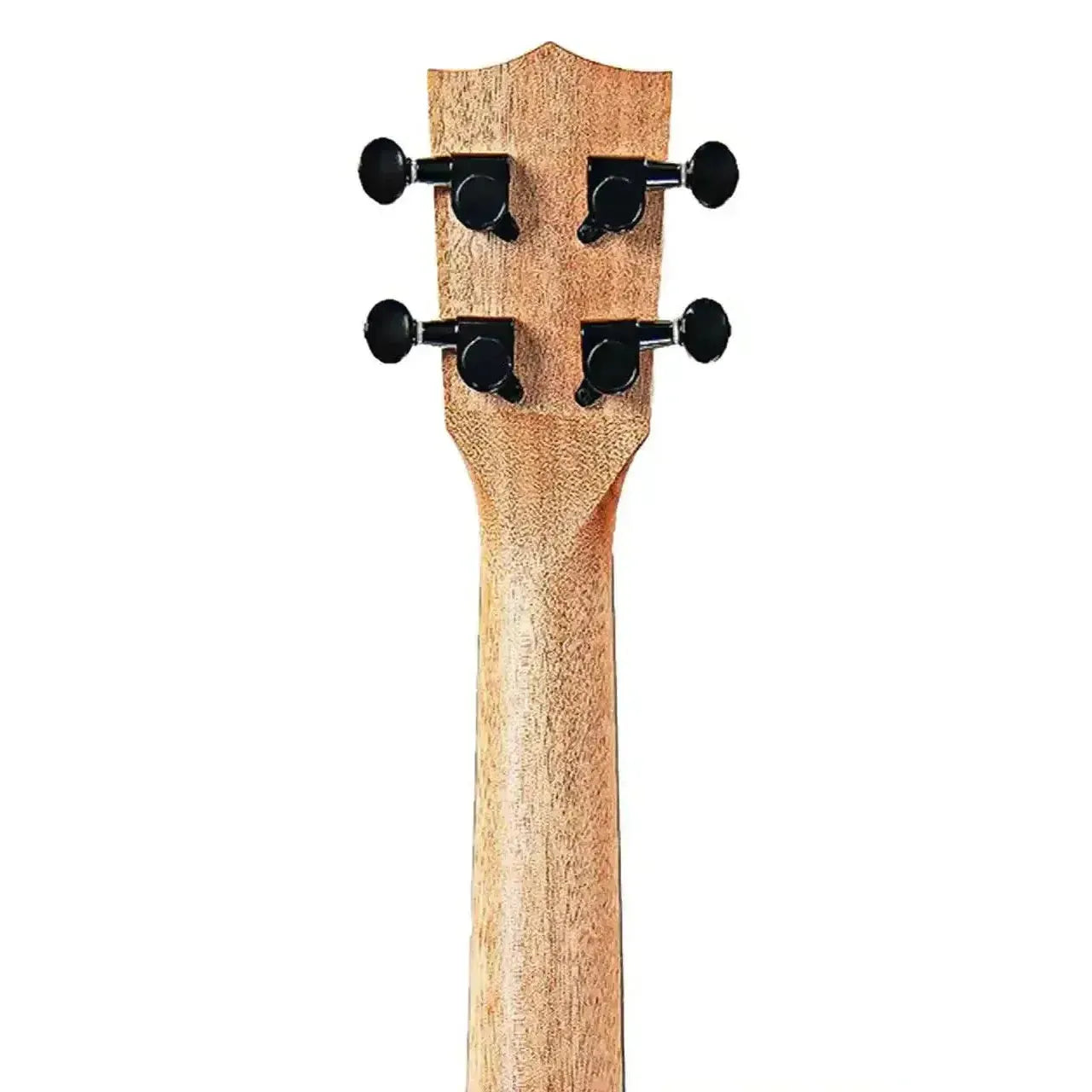 Back of a Kala James Hill solid mahogany concert ukulele neck and headstock with black tuners.