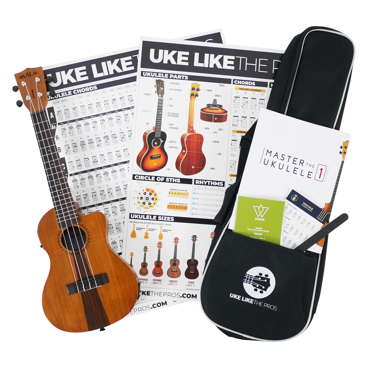 Kala JT-C-CE Concert Ukulele bundle contents: the ukulele, Uke Like The Pros padded gig bag, chord and parts posters, Master The Ukulele 1 book, Vosta string set, chord chart and nail file