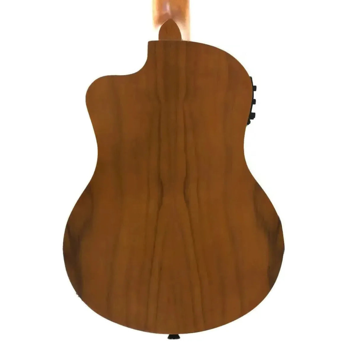 Back of a Kala JT-T-CE Tenor Ukulele, showing its light brown wood finish and cutaway body.