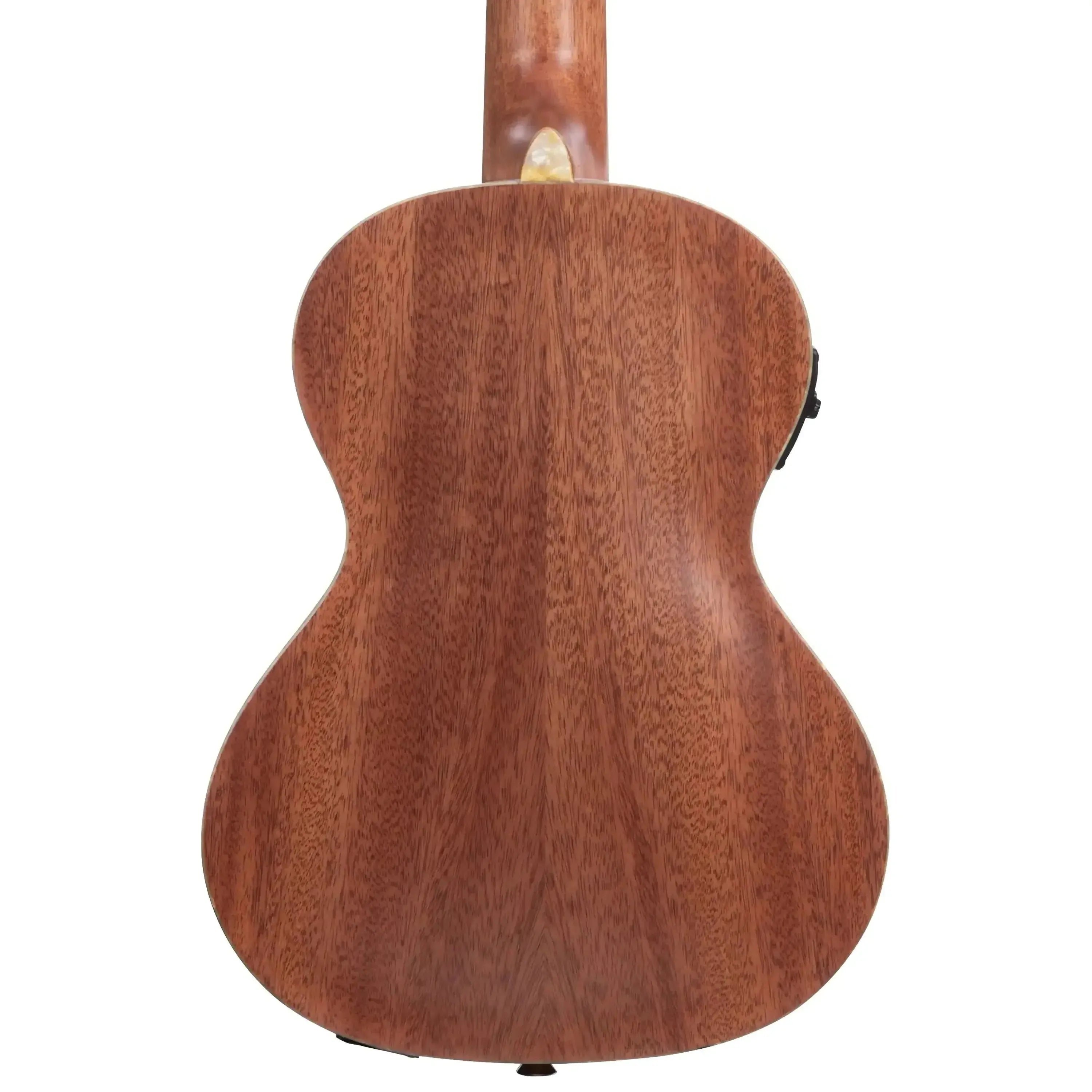 Back of a Kala JTE-BKGN Brooklyn Green Archtop Tenor Ukulele, showing mahogany wood grain.