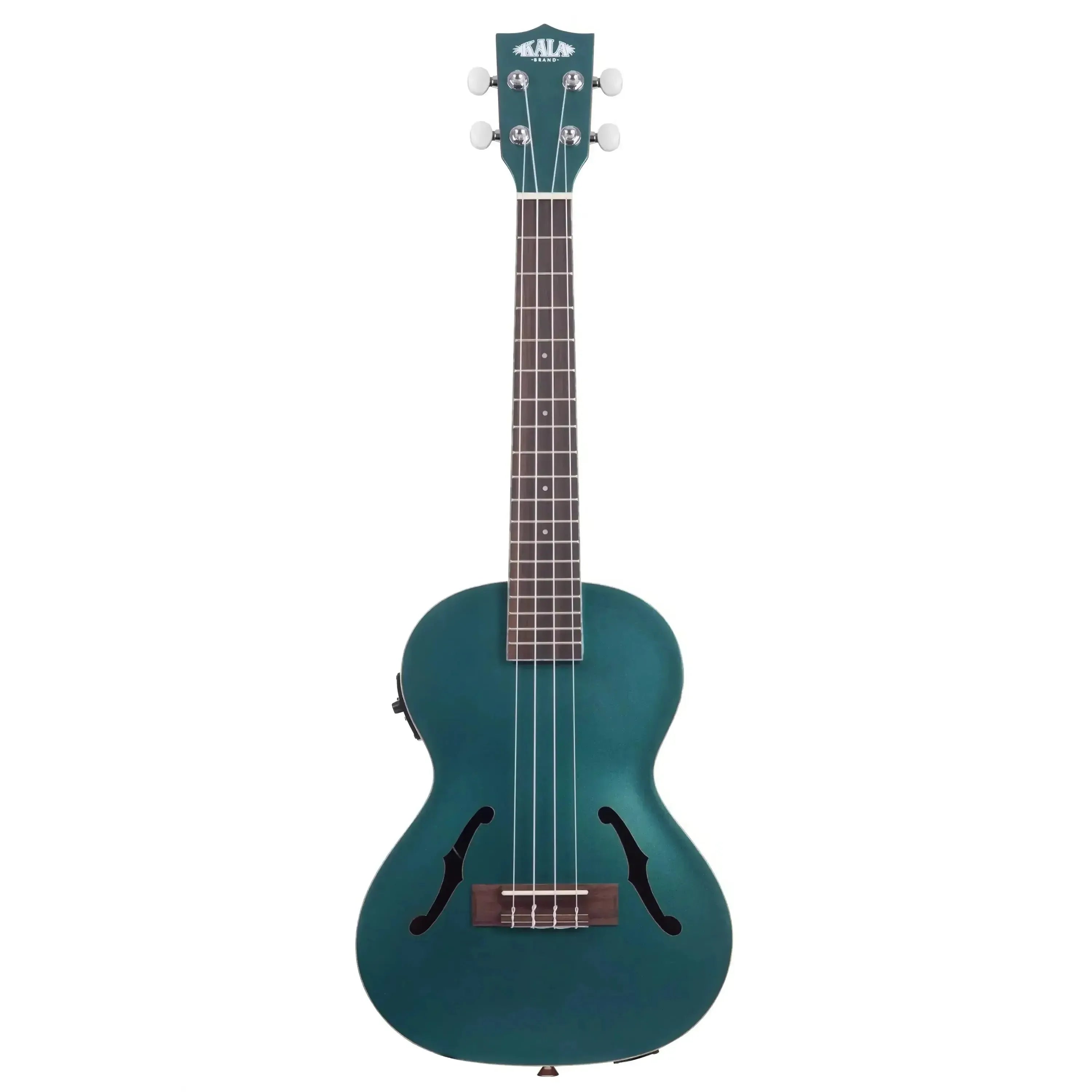 Kala Brooklyn Green Archtop Tenor Ukulele with EQ, mahogany body, rosewood fretboard, and F-holes.