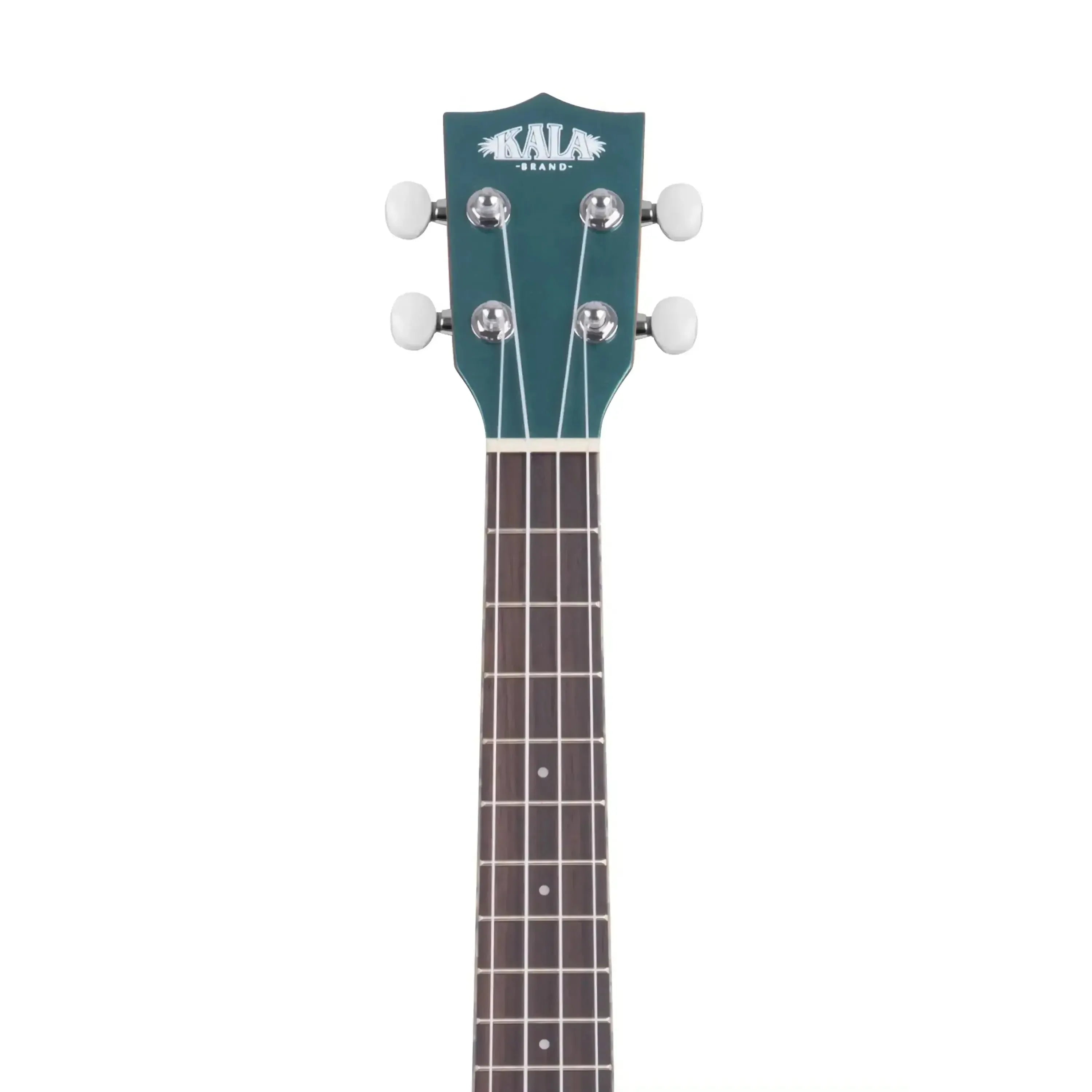 Kala JTE-BKGN Brooklyn Green Archtop Tenor Ukulele headstock with white tuners and logo.
