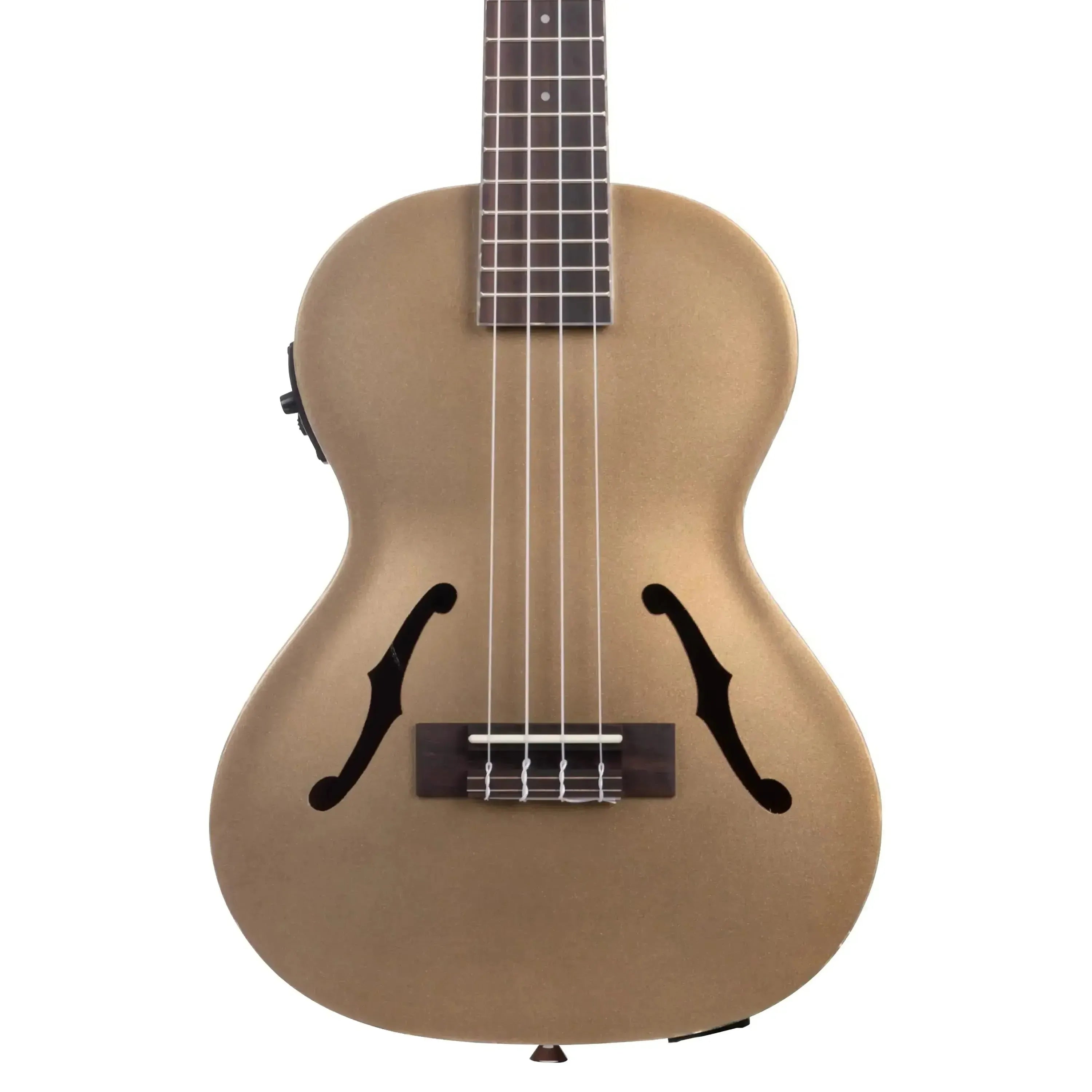 Kala JTE-KZGD Gold Archtop Tenor Ukulele with f-holes and EQ, front view.