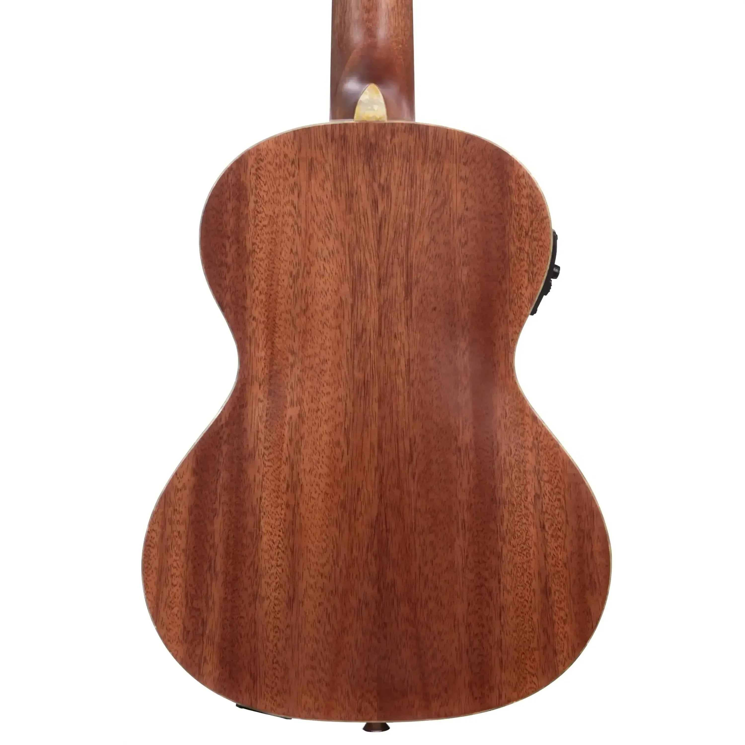 Back of a Kala JTE-KZGD Kalamazoo Gold Archtop Tenor Ukulele, showing its laminate mahogany wood grain.
