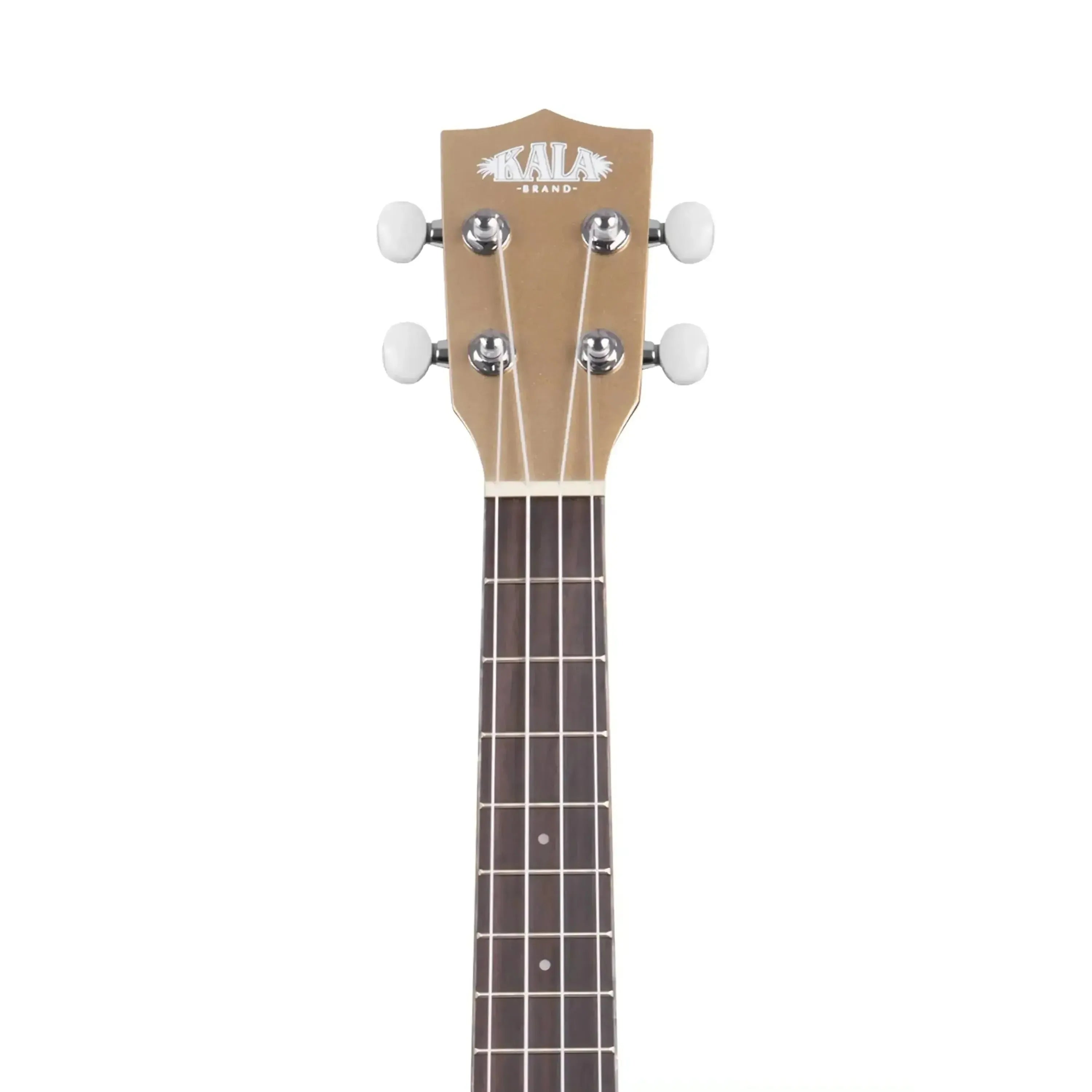 Kala JTE-KZGD Gold Archtop Tenor Ukulele headstock with white tuners and rosewood fretboard.