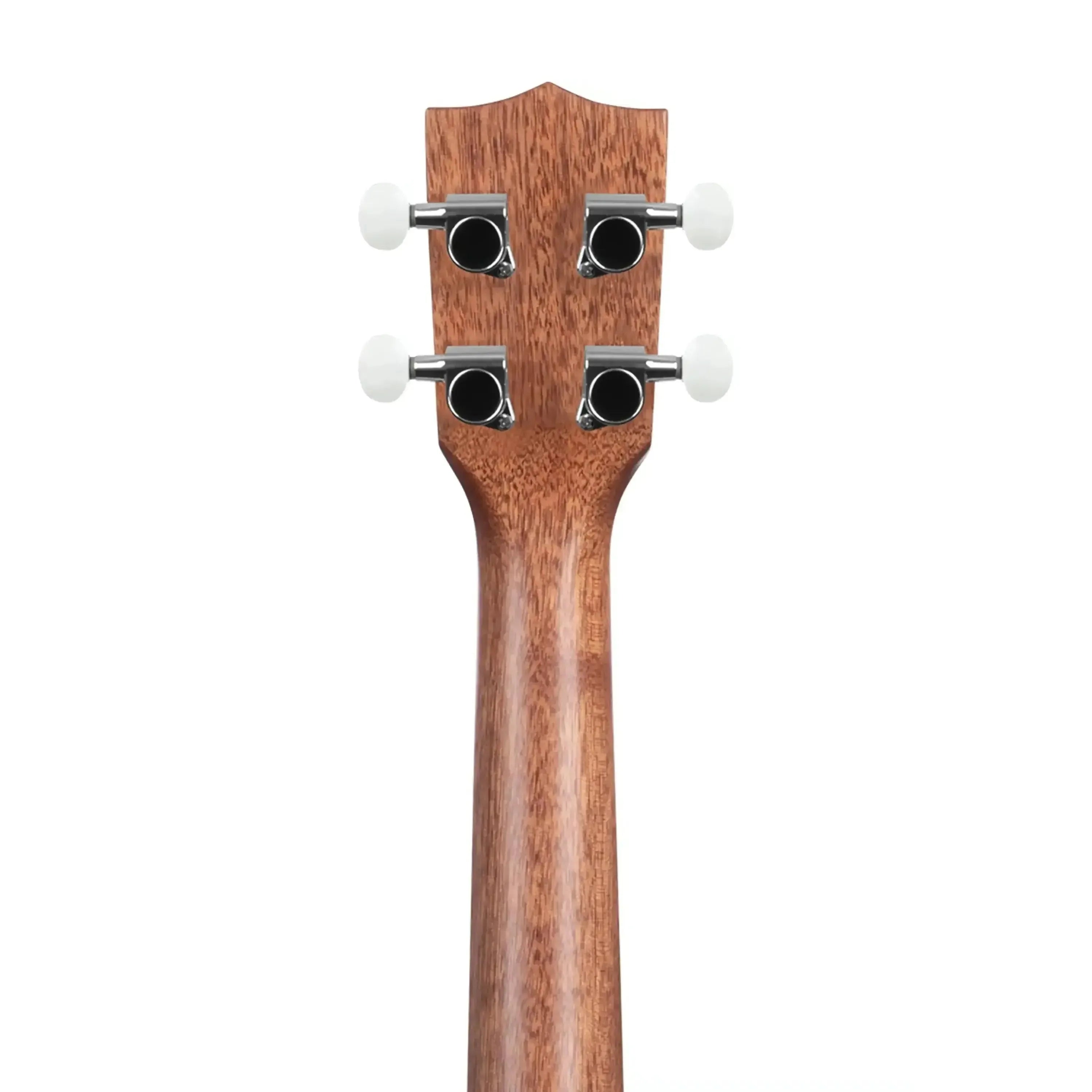 Back of Kala JTE-KZGD tenor ukulele headstock and mahogany neck with white tuning pegs.
