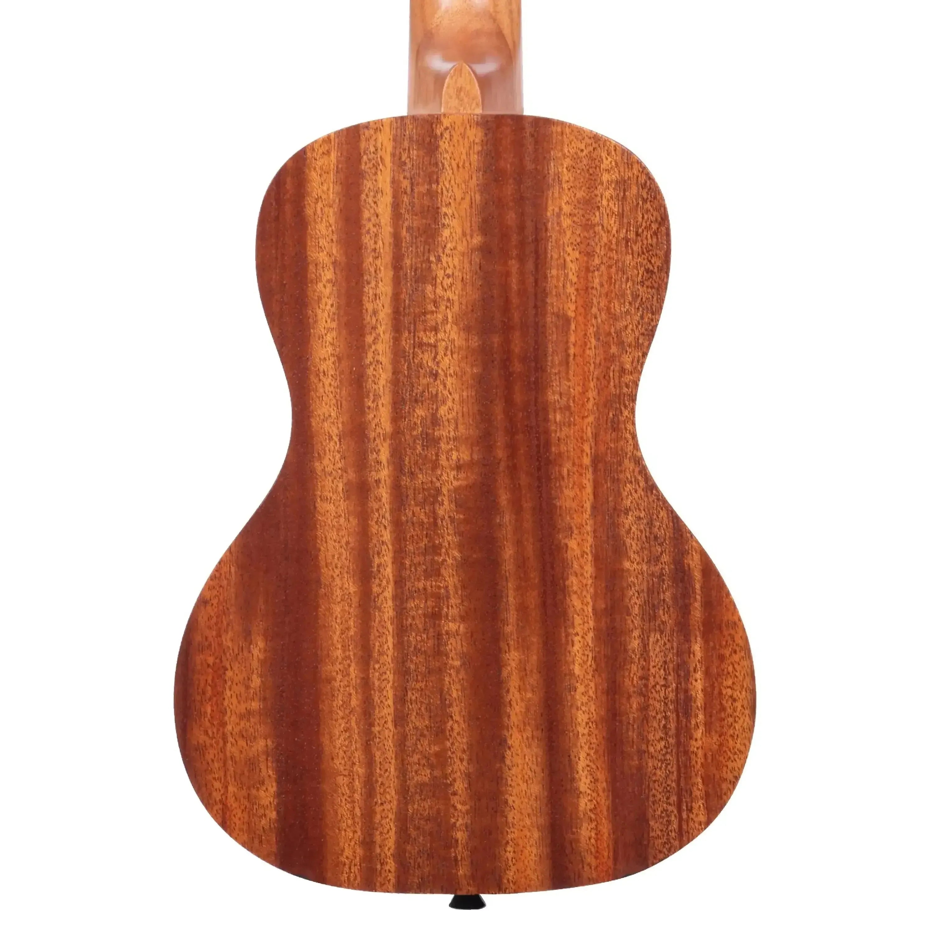 Kala KA-15C concert ukulele, back view, showing satin mahogany wood grain and black strap button.