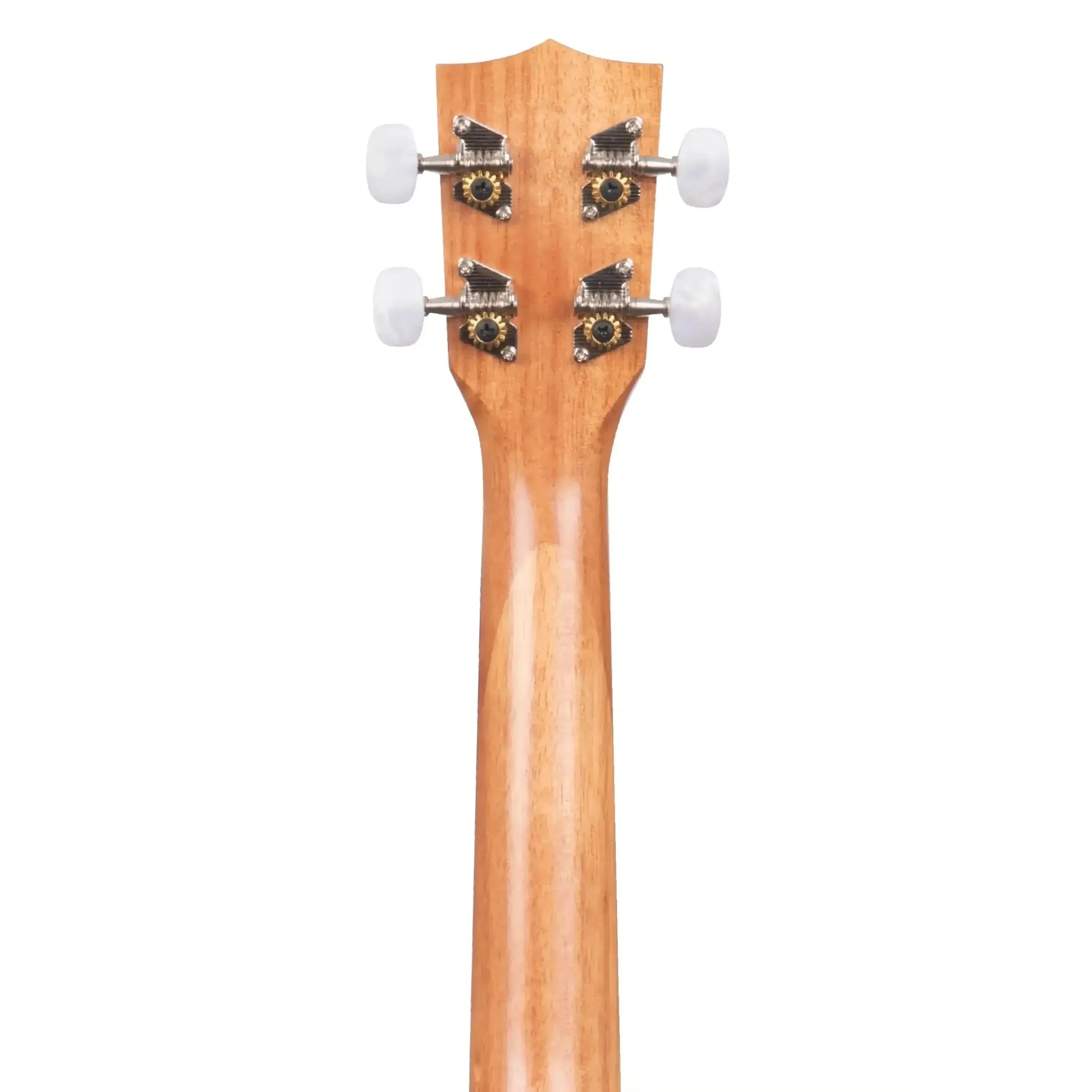 Back of Kala KA-15C concert ukulele headstock and mahogany neck with white tuning pegs.